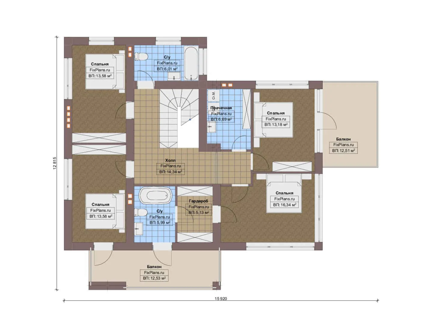 F-12689 - Планы двухэтажного дома 13 на 17, площадью 300 м² с террасой, балконом, баней и 5 спальнями