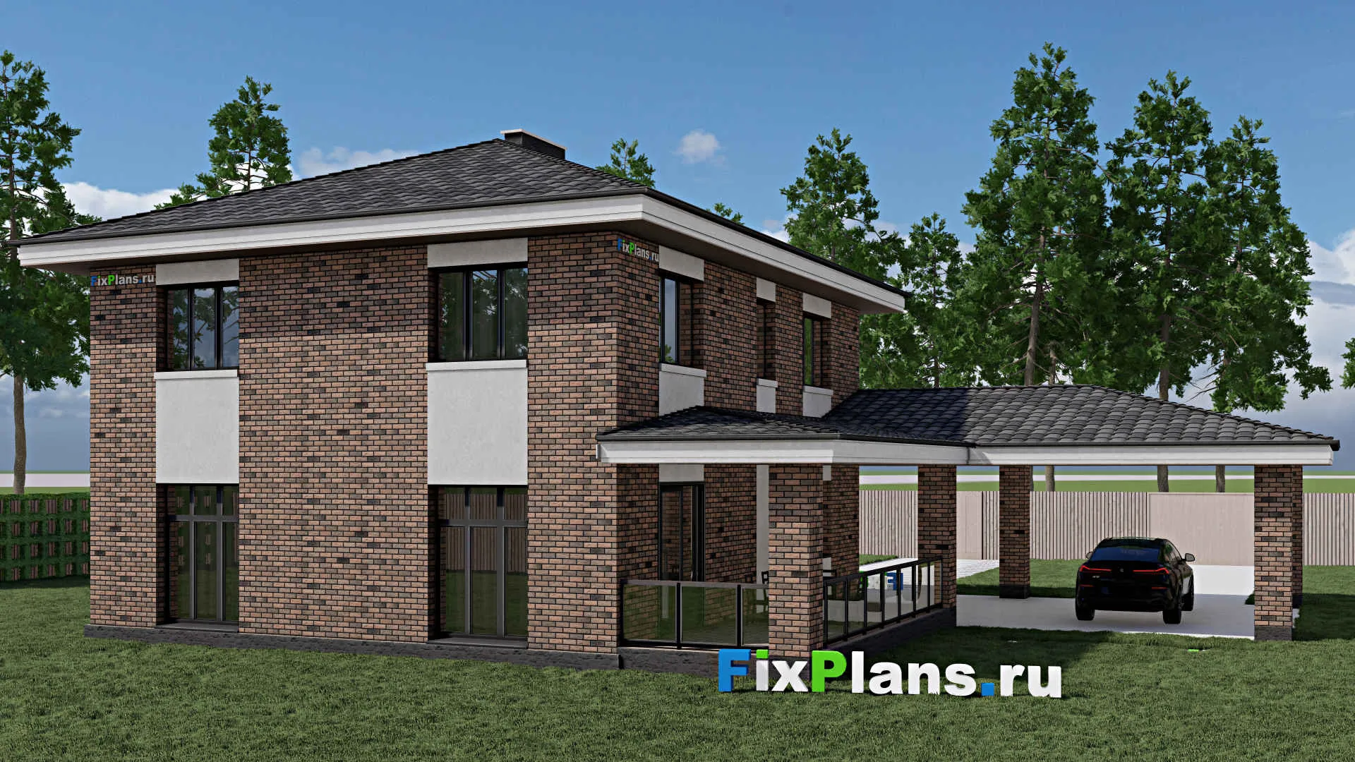 F-1151 - Проект двухэтажного дома 11 на 13, площадью 300 м² с террасой, гаражом на 1 машину и 4 спальнями