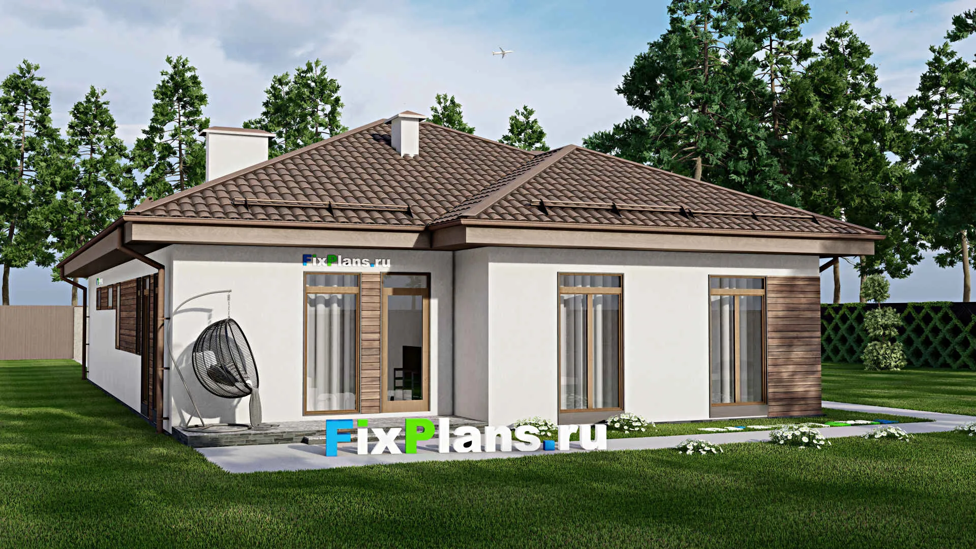 F-5408 - Проект одноэтажного дома 12 на 19, площадью 150 м² с террасой, гаражом на 1 машину и 3 спальнями