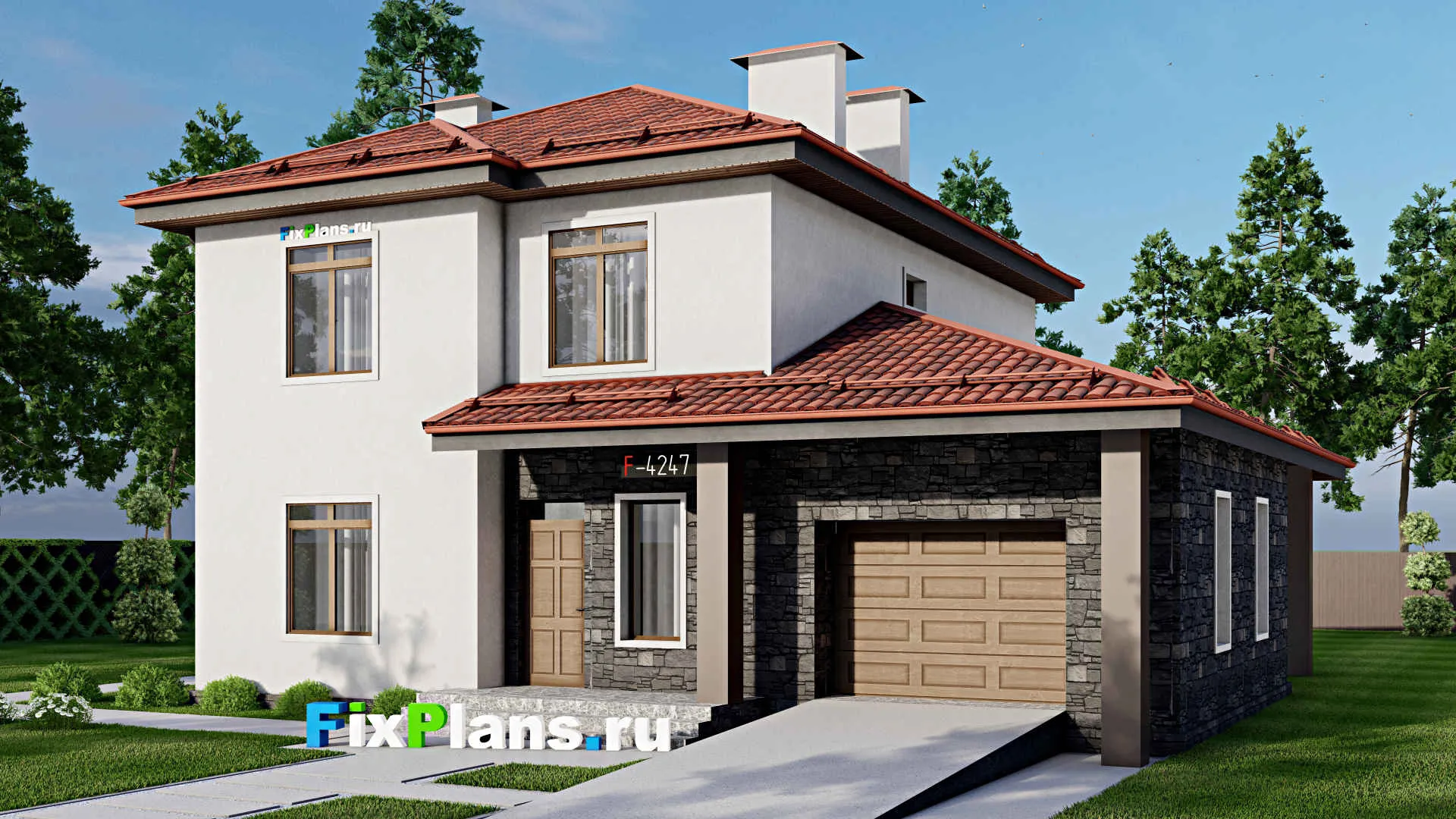 F-4247 - Проект двухэтажного дома 15 на 16, площадью 200 м² с террасой, гаражом на 1 машину и 4 спальнями