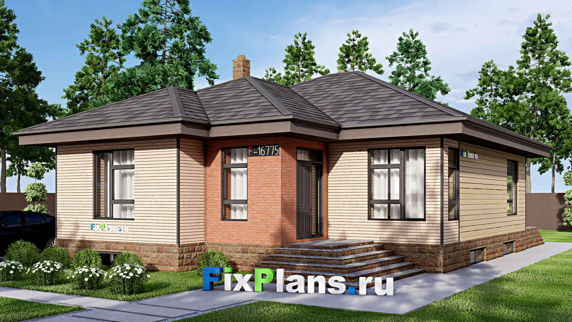 F-16775 - Проект одноэтажного дома 11 на 16, площадью 210 м² с террасой, цокольным этажом и 2 спальнями