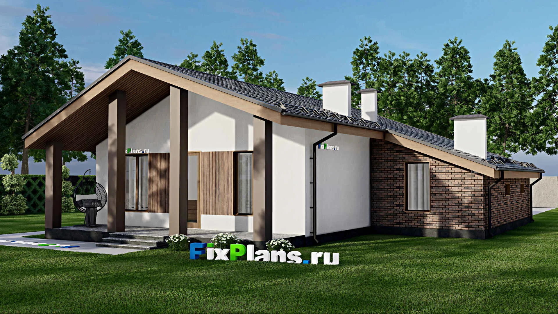 F-10358 - Проект одноэтажного дома 14 на 18, площадью 170 м² с террасой, гаражом на 1 машину и 3 спальнями