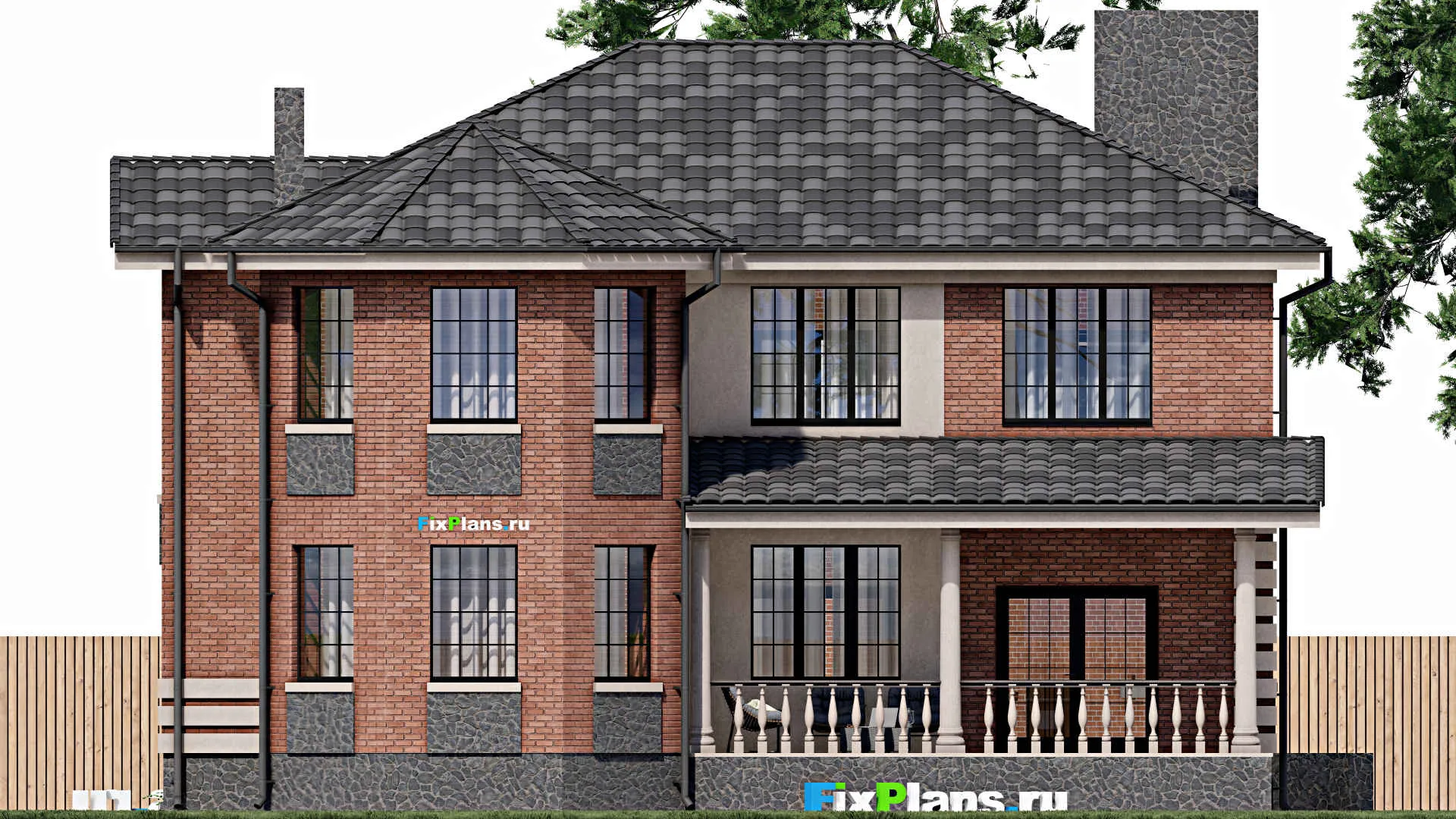 F-0395 - Проект двухэтажного дома 15 на 17, площадью 290 м² с террасой, балконом и 2 спальнями