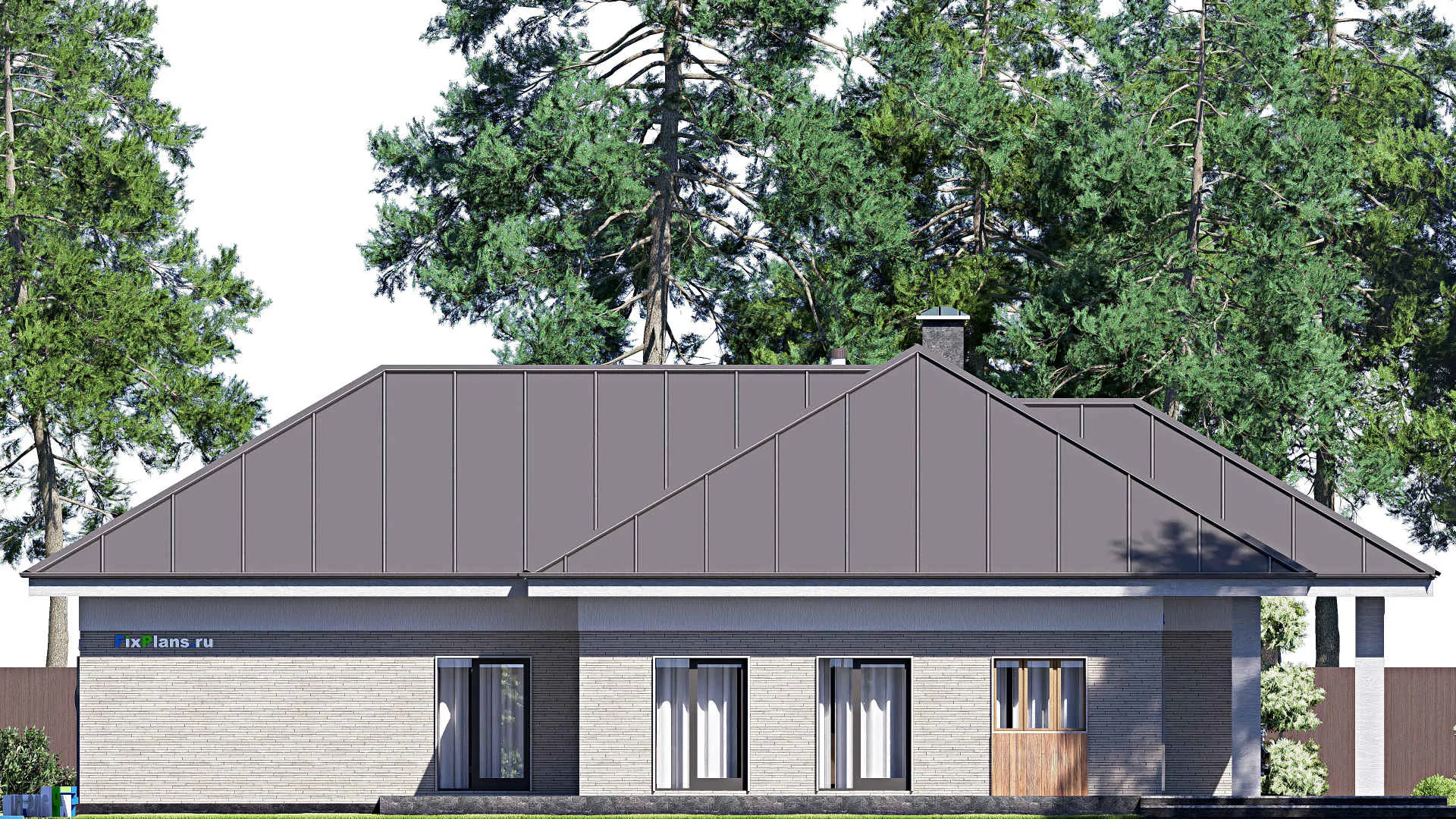 F-20402 - Проект одноэтажного дома 16 на 22, площадью 270 м² с террасой, гаражом на 1 машину и 3 спальнями