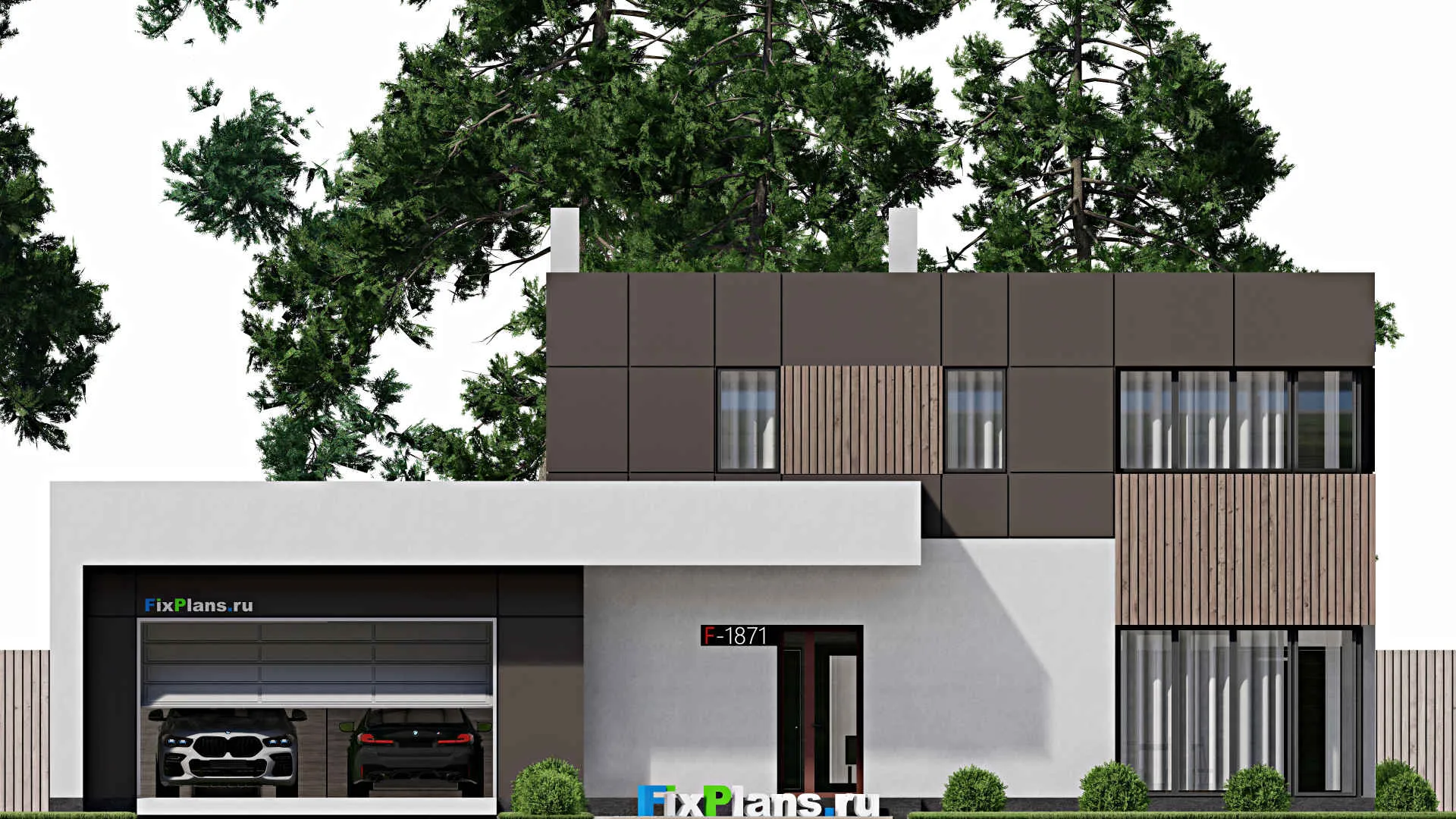 F-1871 - Проект двухэтажного дома 11 на 19, площадью 230 м² с террасой, балконом, гаражом на 2 машины и 4 спальнями
