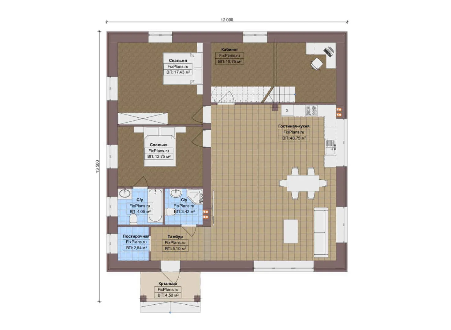 F-17819 - План одноэтажного дома 12 на 14, площадью 120 м² с 2 спальнями