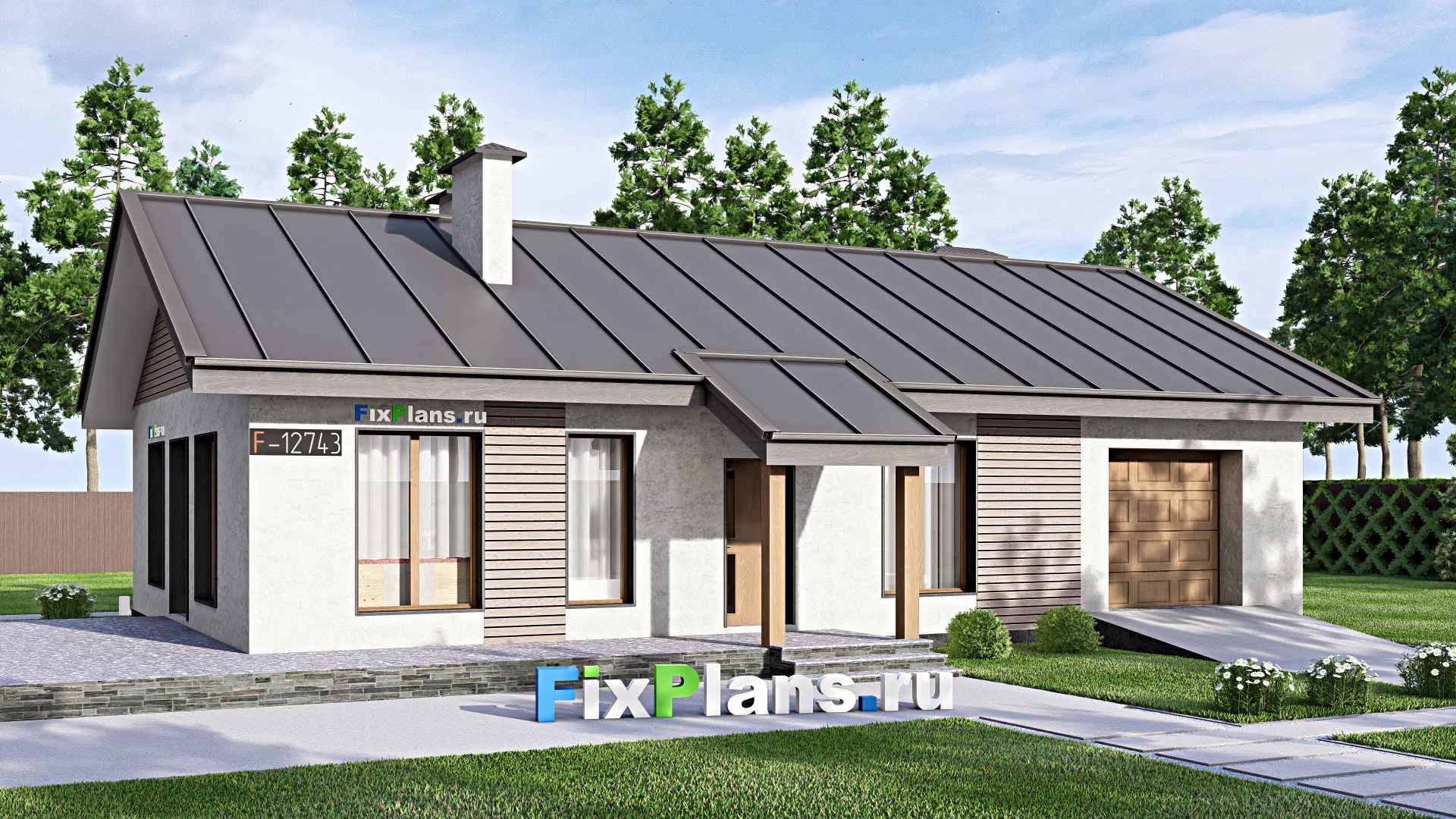 F-12743 - Проект одноэтажного дома 13 на 20, площадью 170 м² с террасой, гаражом на 1 машину и 3 спальнями