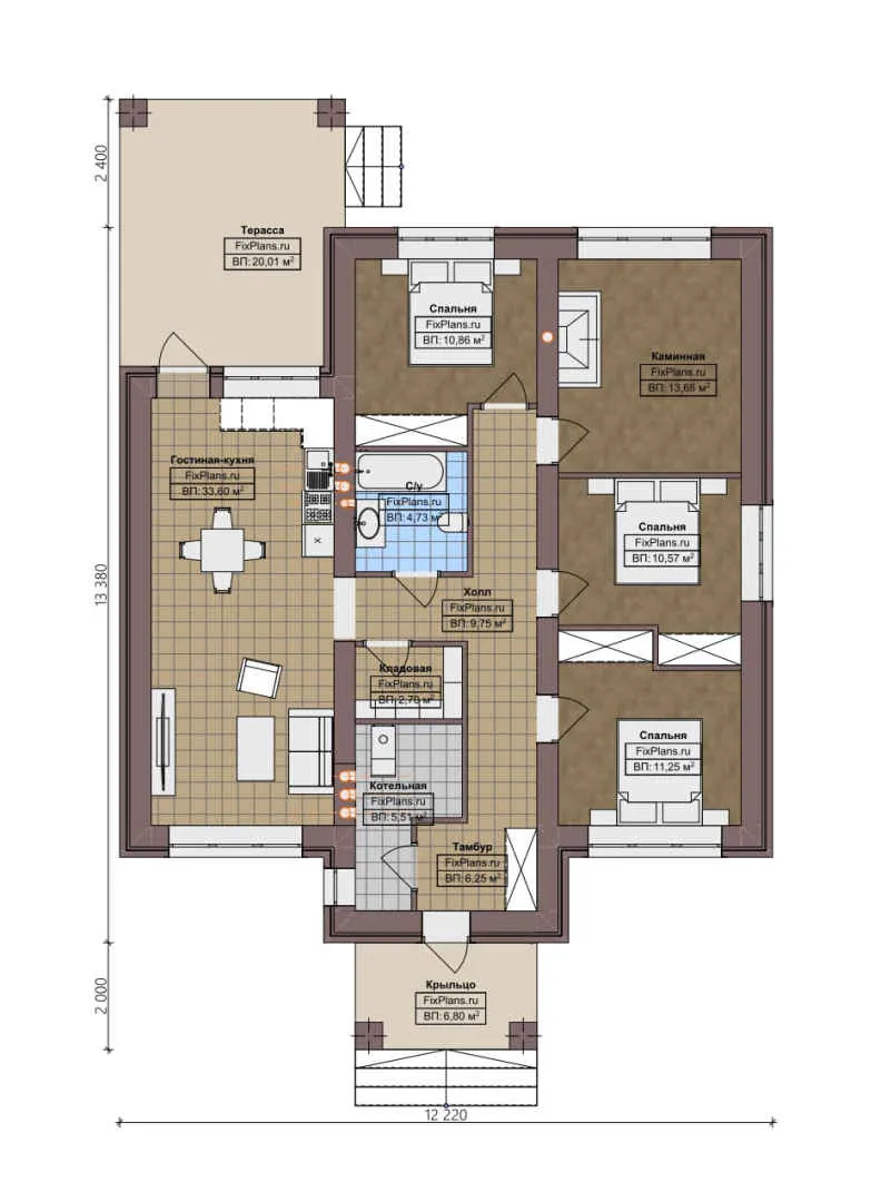 F-3194 - План одноэтажного дома 13 на 14, площадью 140 м² с террасой и 3 спальнями