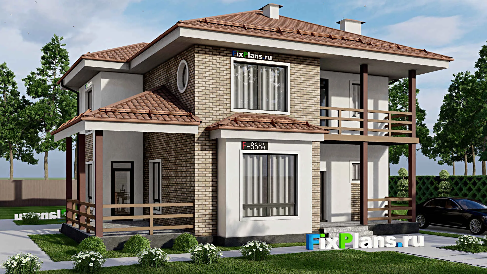 F-8684 - Проект двухэтажного дома 12 на 14, площадью 220 м² с террасой, балконом и 4 спальнями