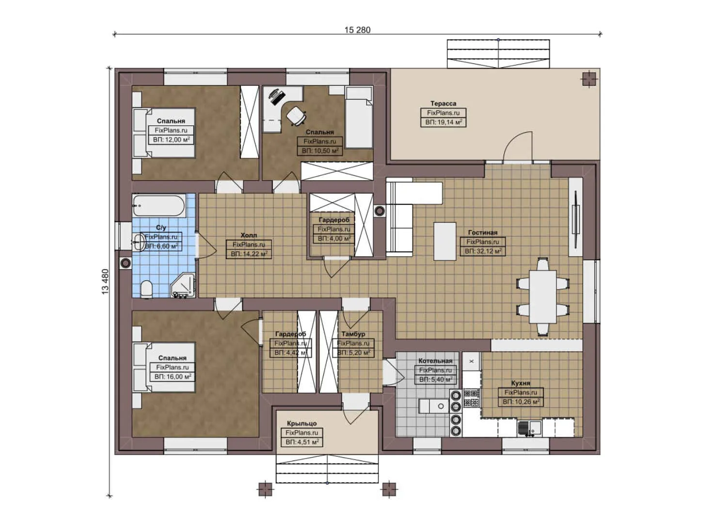 F-7532 - План одноэтажного дома 14 на 16, площадью 150 м² с террасой и 3 спальнями