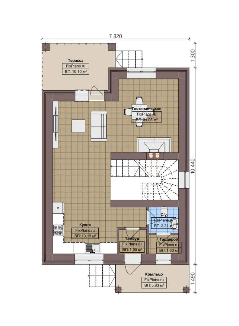 F-3824 - Планы двухэтажного дома 8 на 11, площадью 130 м² с террасой, балконом и 3 спальнями