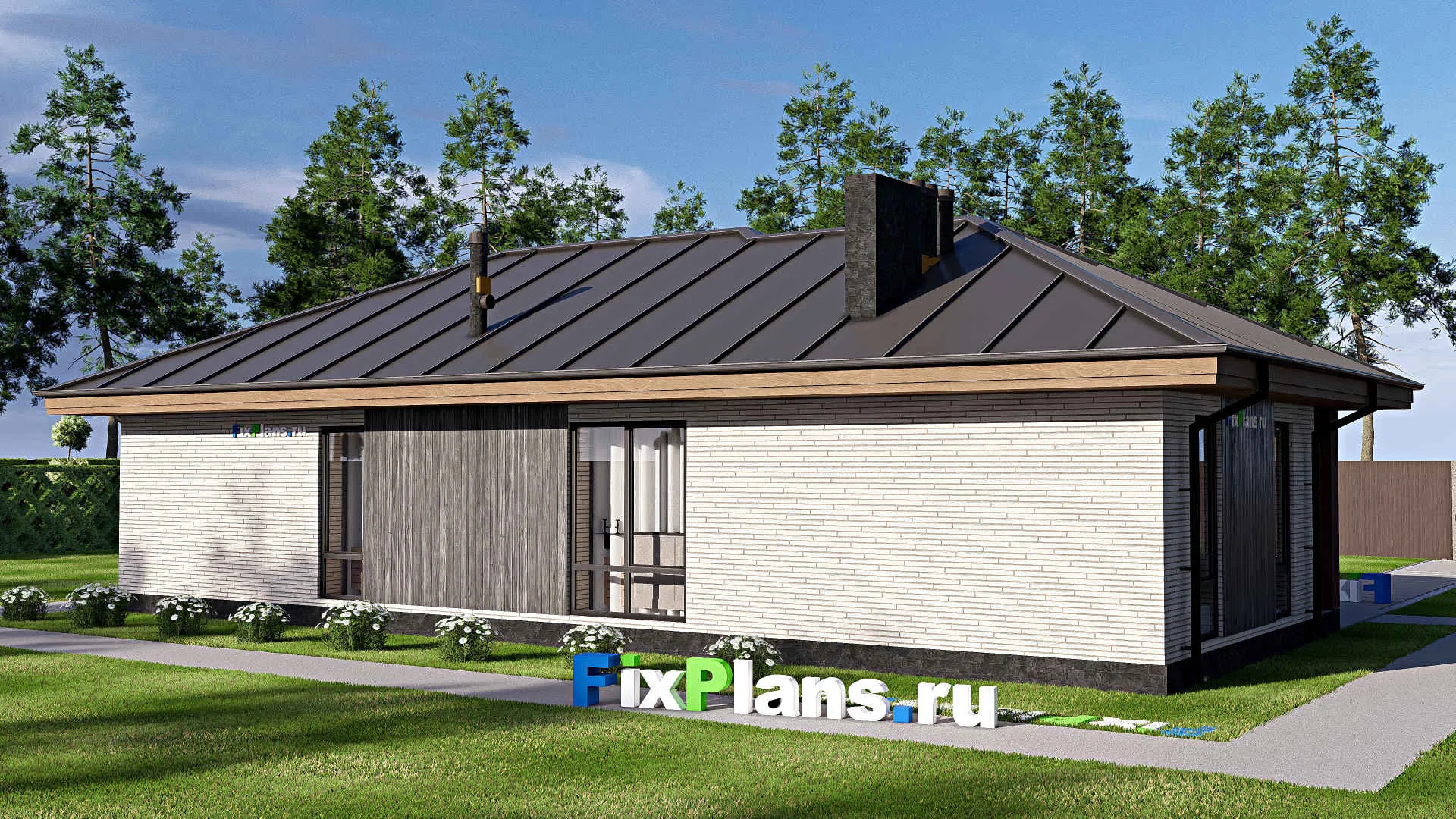 F-18089 - План одноэтажного дома 11 на 17, площадью 120 м² с террасой и 2 спальнями