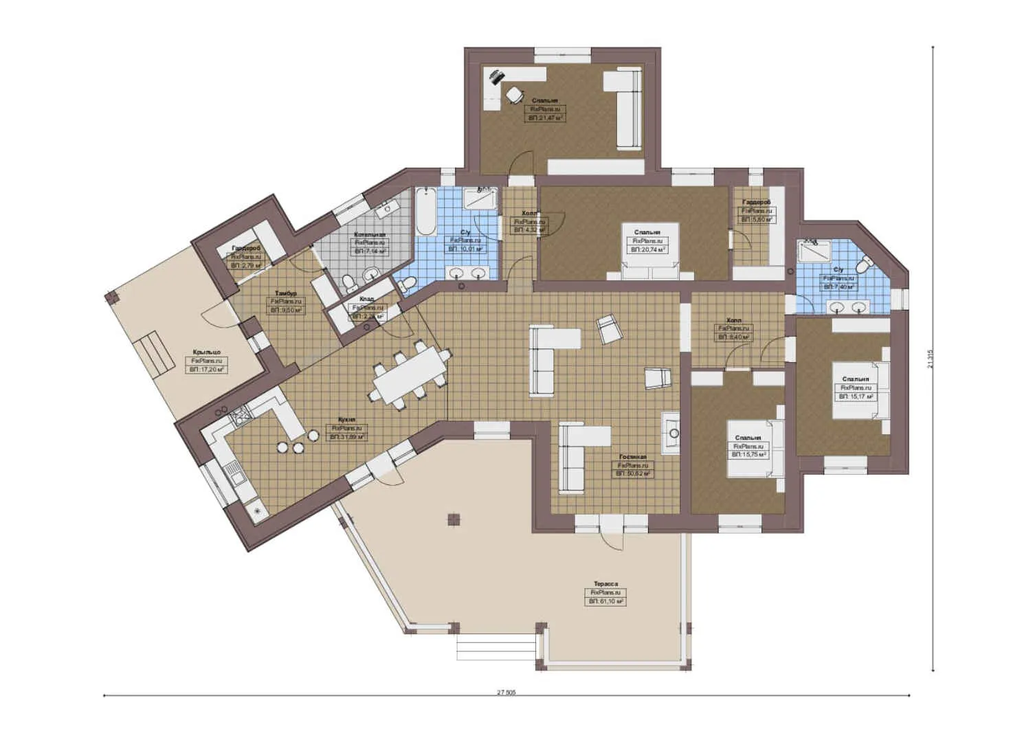 F-15209 - План одноэтажного дома 22 на 28, площадью 300 м² с террасой и 4 спальнями