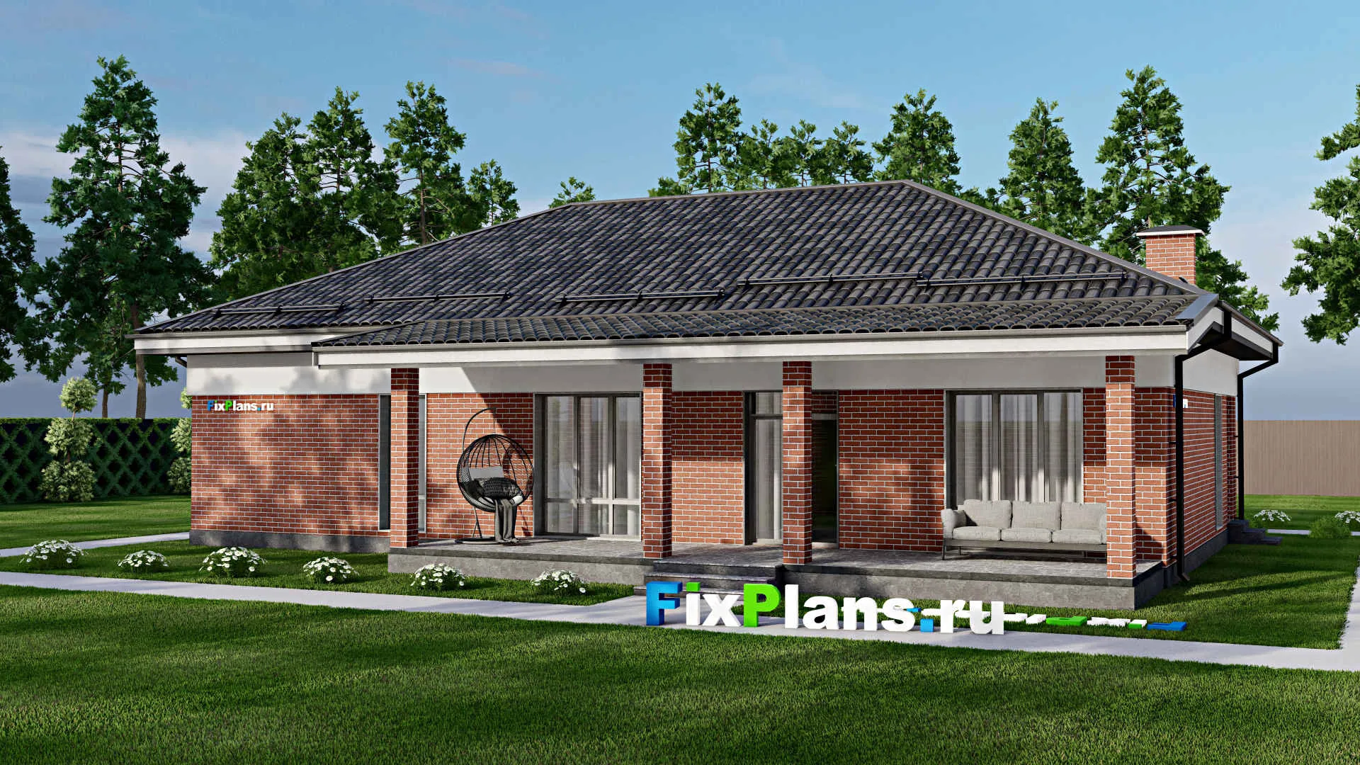 F-5867 - Проект одноэтажного дома 11 на 18, площадью 180 м² с террасой и 4 спальнями