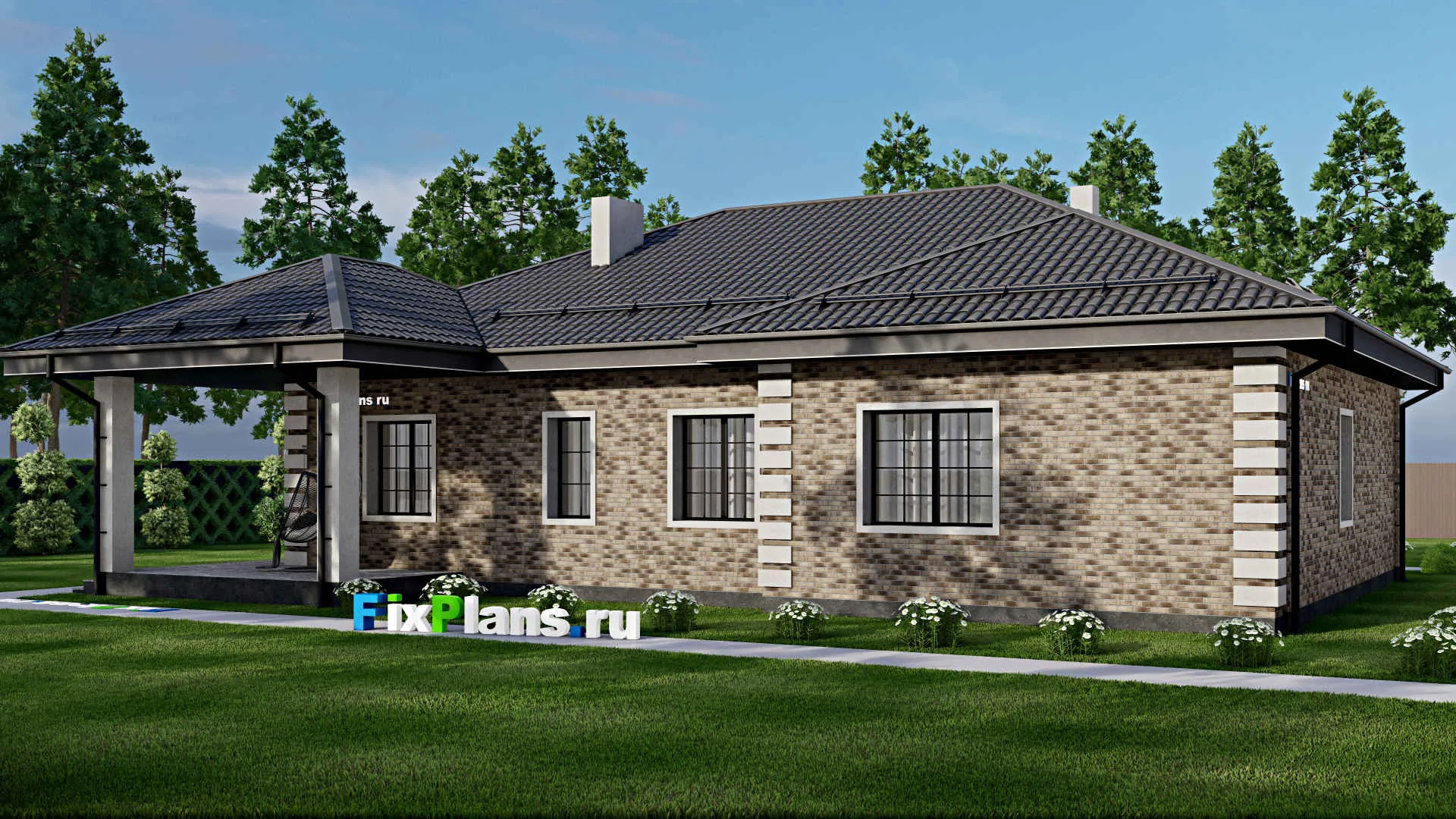 F-1943 - Проект одноэтажного дома 14 на 18, площадью 200 м² с террасой и 4 спальнями