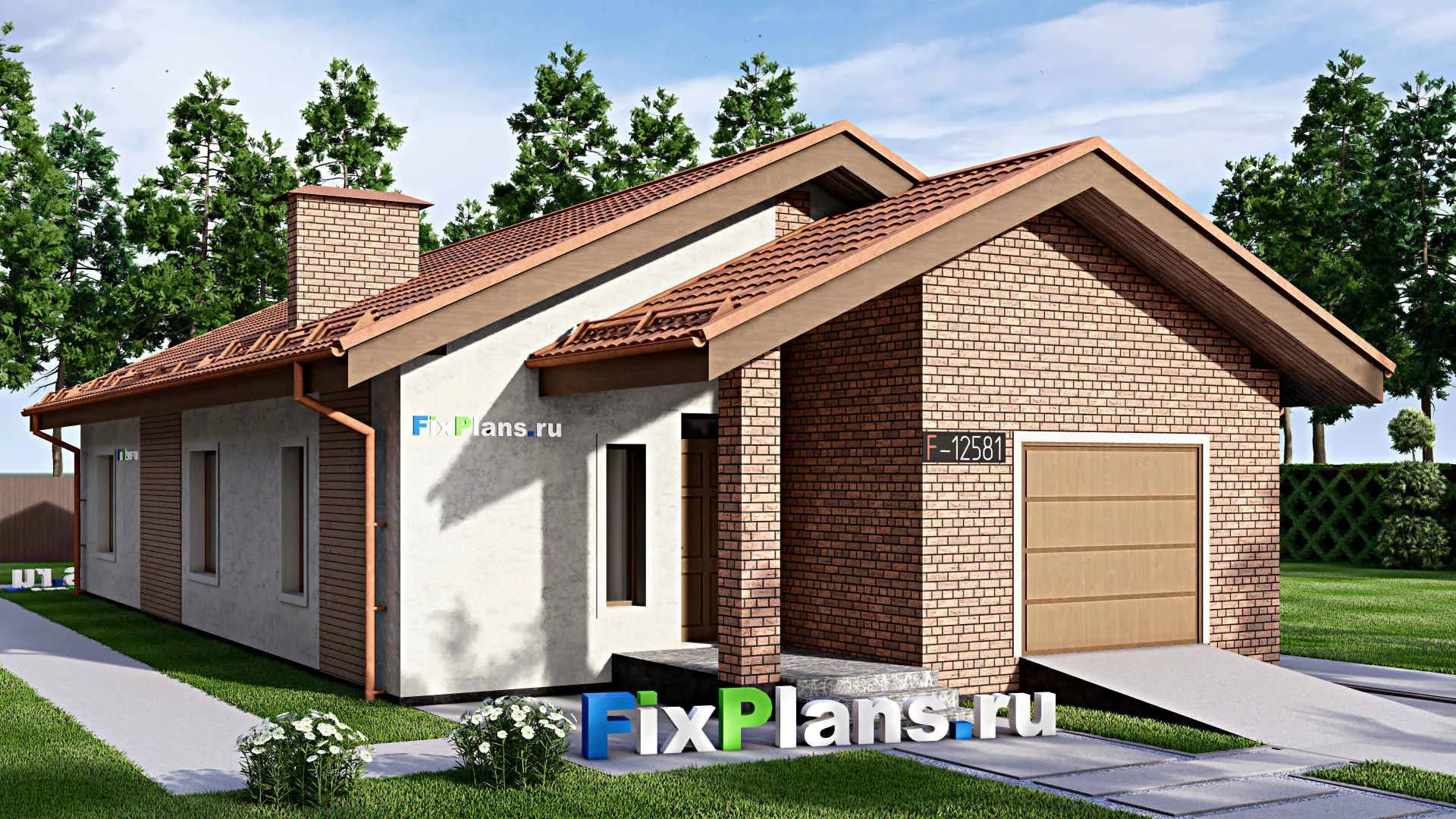 F-12581 - Проект одноэтажного дома 10 на 20, площадью 140 м² с гаражом на 1 машину и 2 спальнями