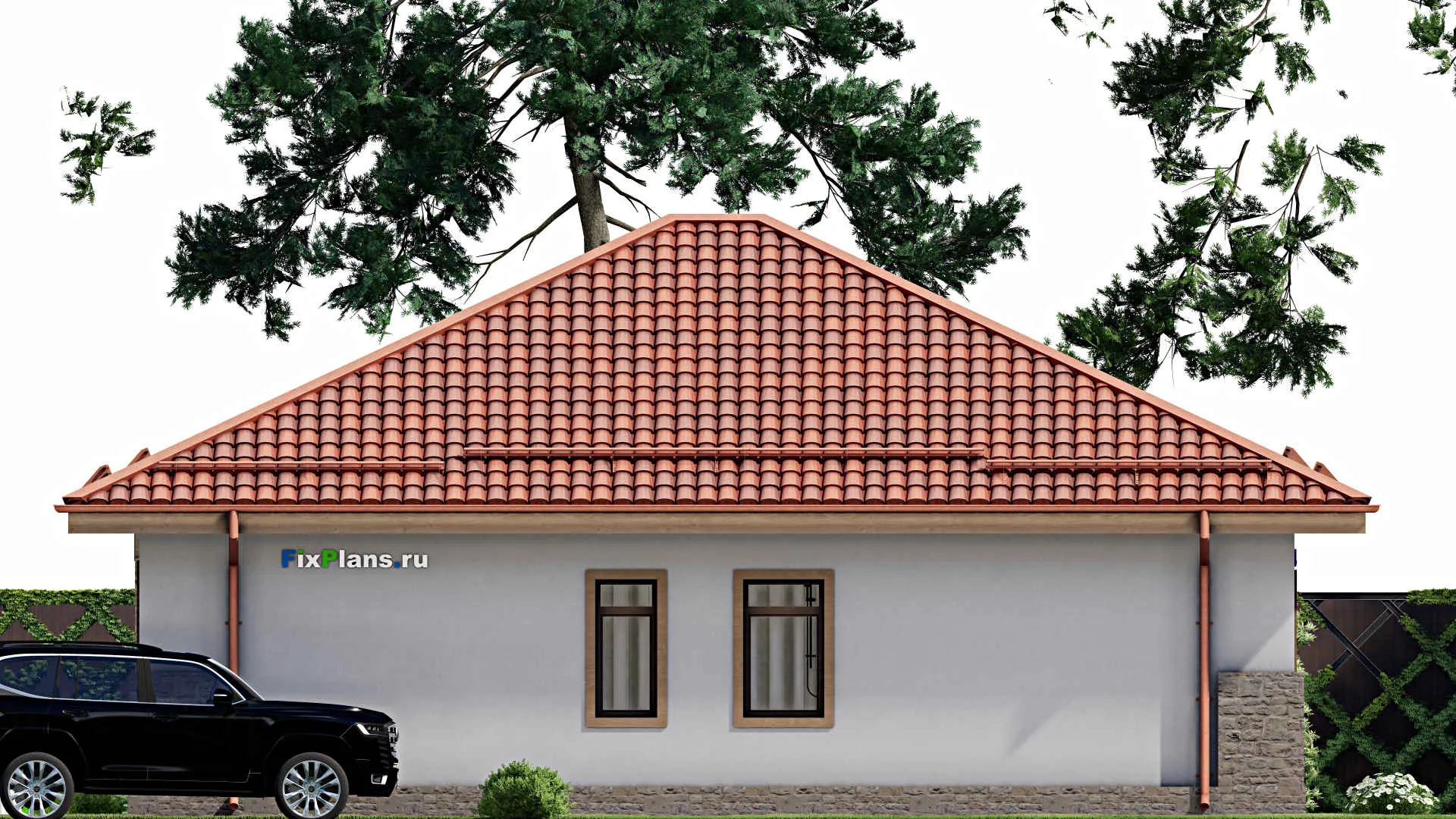 F-8495 - Проект одноэтажного дома 12 на 13, площадью 120 м² с террасой и 3 спальнями