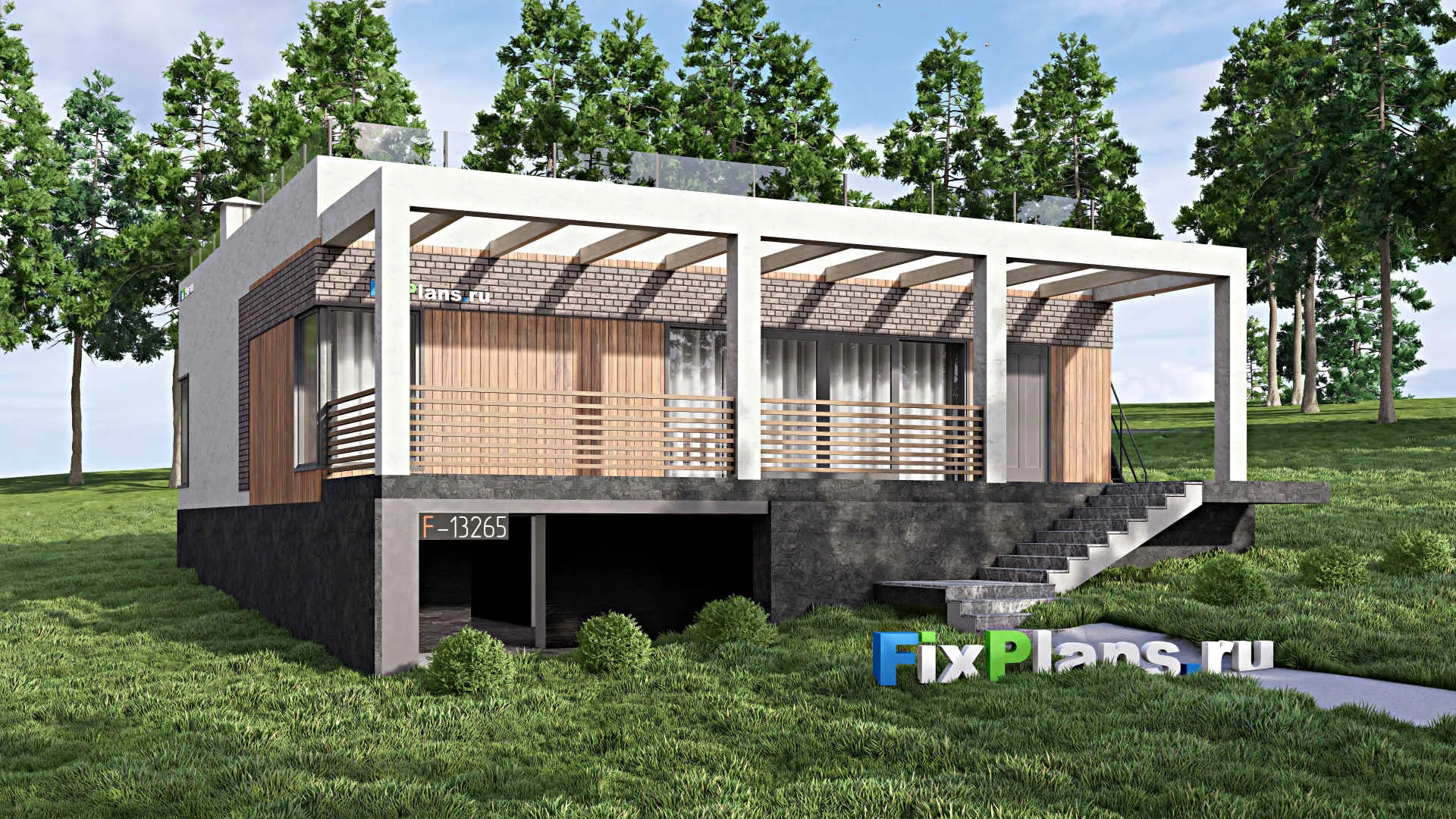 F-13265 - Проект одноэтажного дома 13 на 16, площадью 160 м² с террасой и 3 спальнями