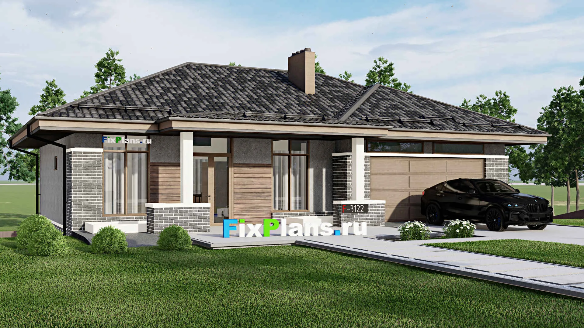 F-3122 - Проект одноэтажного дома 12 на 17, площадью 330 м² с террасой, цокольным этажом, баней, гаражом на 1 машину и 3 спальнями