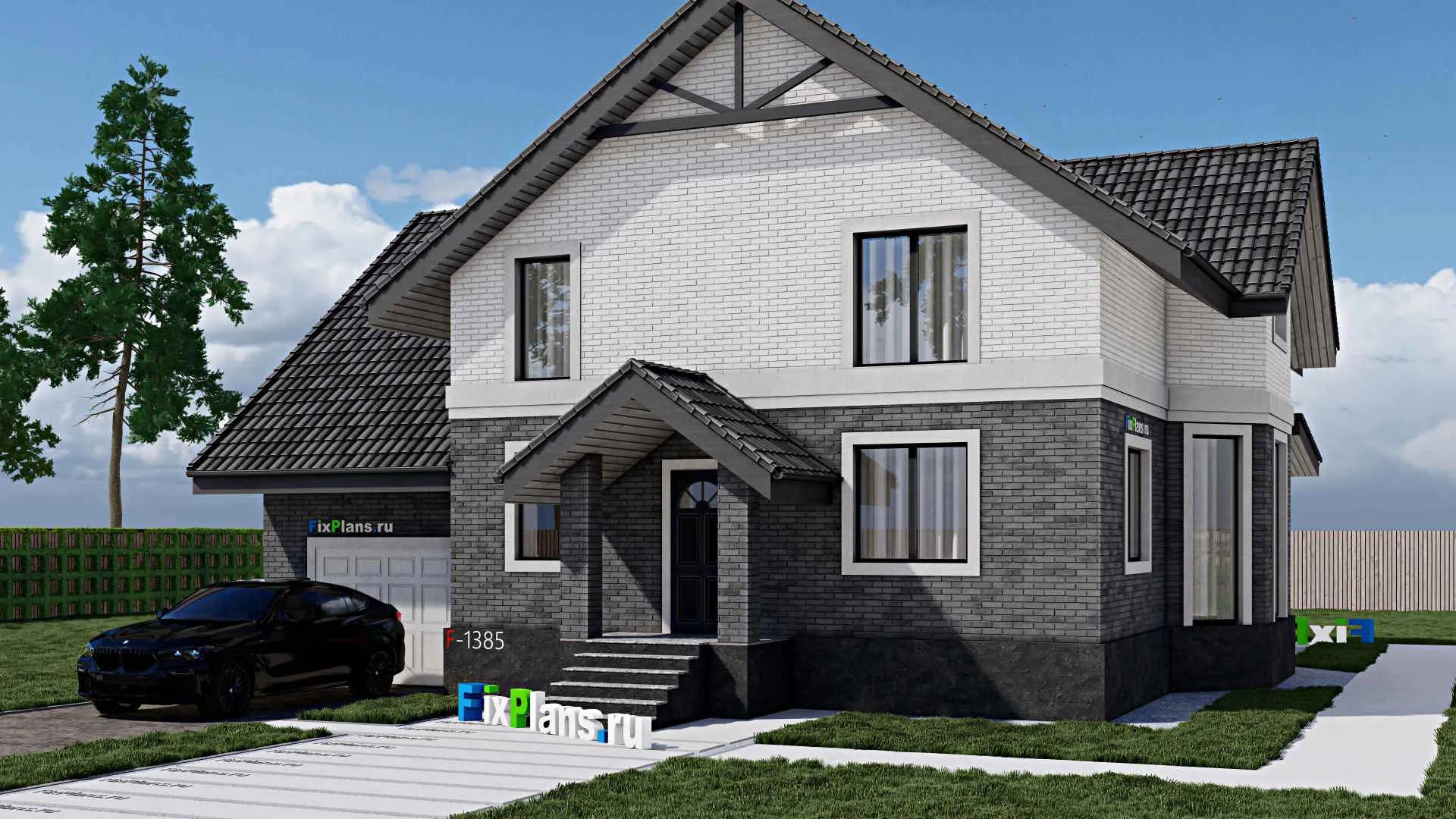 F-1385 - Проект дома с мансардой 12 на 15, площадью 330 м² с террасой, балконом, цокольным этажом, гаражом на 1 машину, спортзалом и 4 спальнями