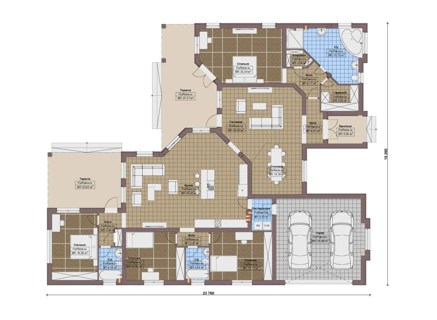 F-17279 - План одноэтажного дома 20 на 24, площадью 310 м² с террасой, гаражом на 2 машины и 4 спальнями