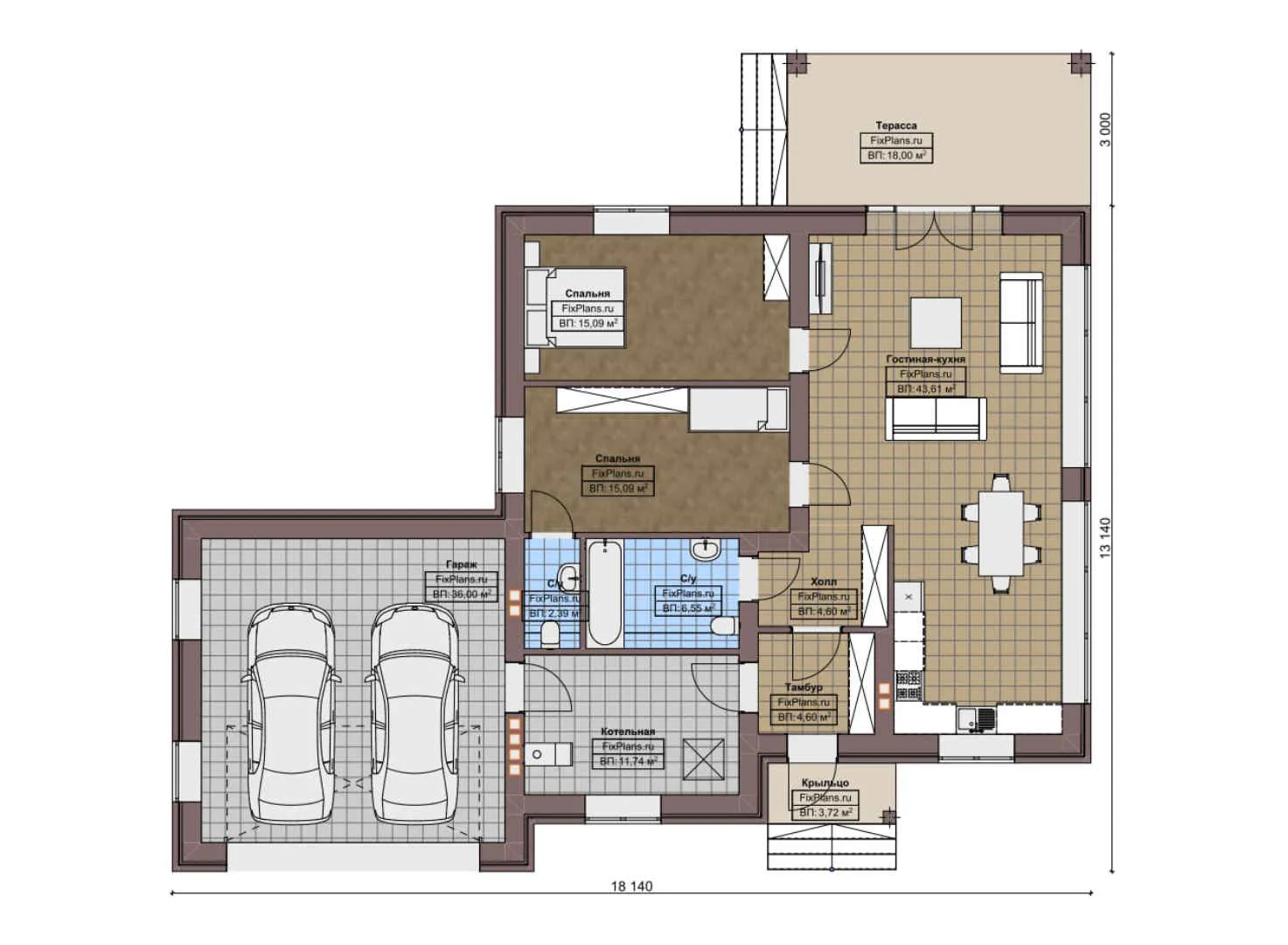 F-4184 - План одноэтажного дома 14 на 19, площадью 170 м² с террасой, гаражом на 2 машины и 2 спальнями