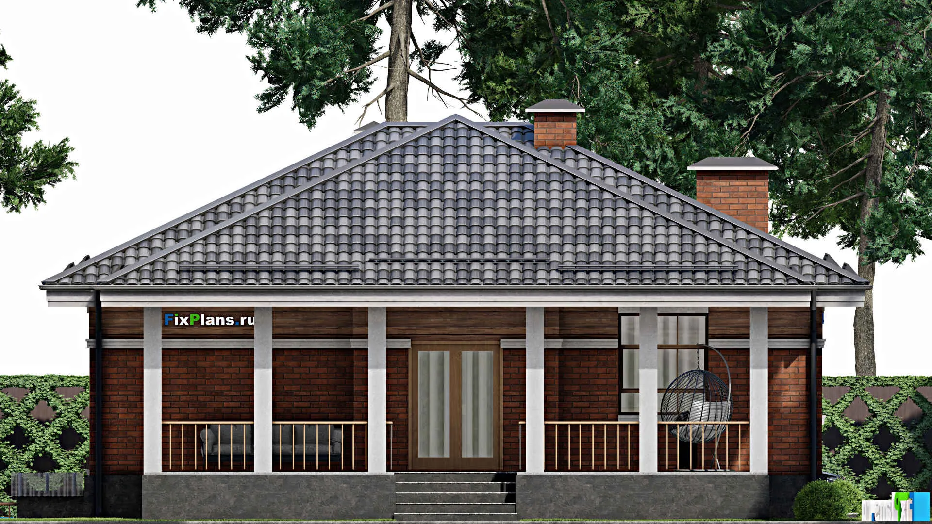 F-8711 - Проект одноэтажного дома 13 на 18, площадью 220 м² с террасой, цокольным этажом и 3 спальнями