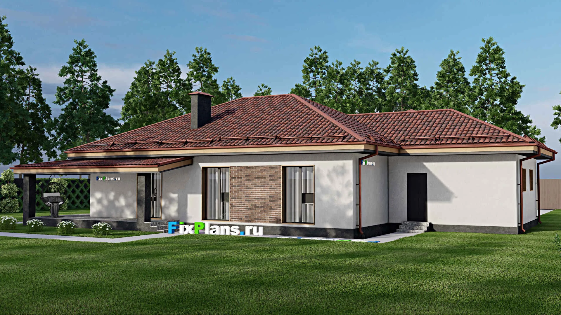 F-6884 - Проект одноэтажного дома 15 на 22, площадью 190 м² с террасой, гаражом на 1 машину и 3 спальнями