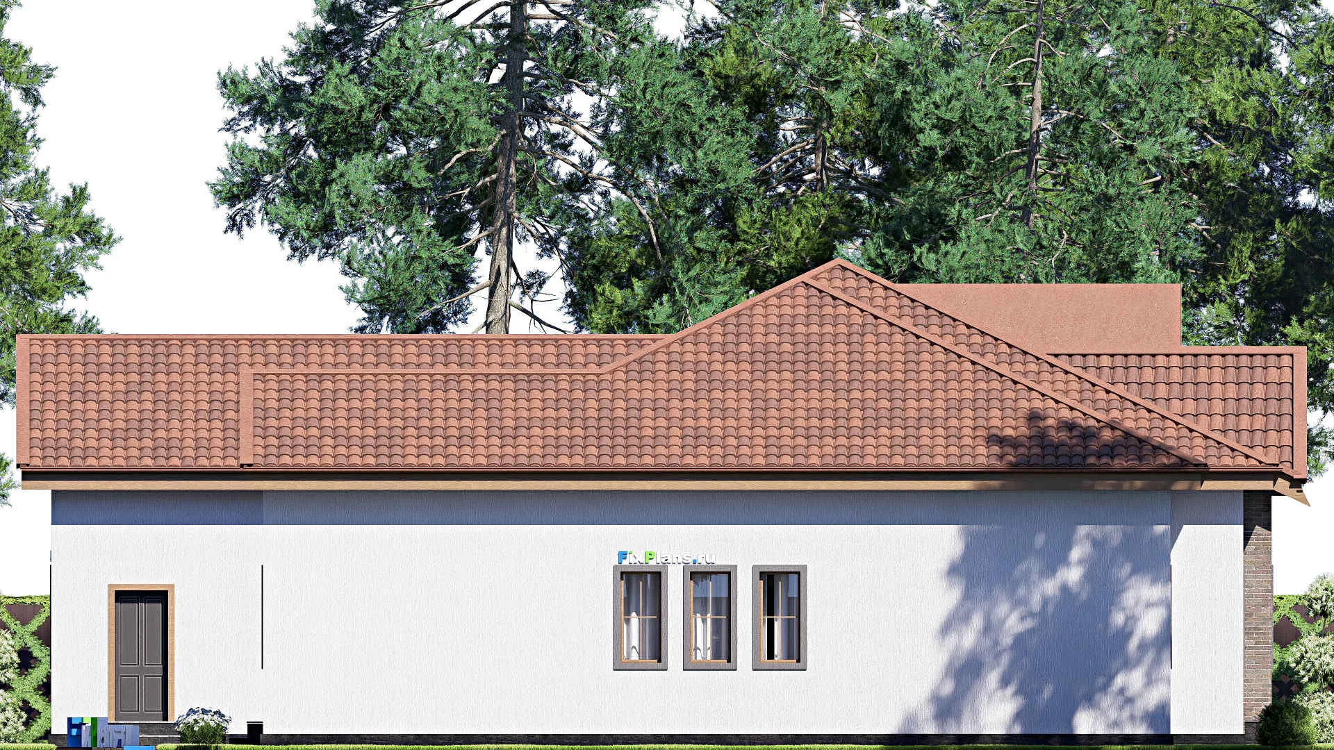 F-19871 - Проект одноэтажного дома 18 на 20, площадью 250 м² с террасой, гаражом на 2 машины и 3 спальнями