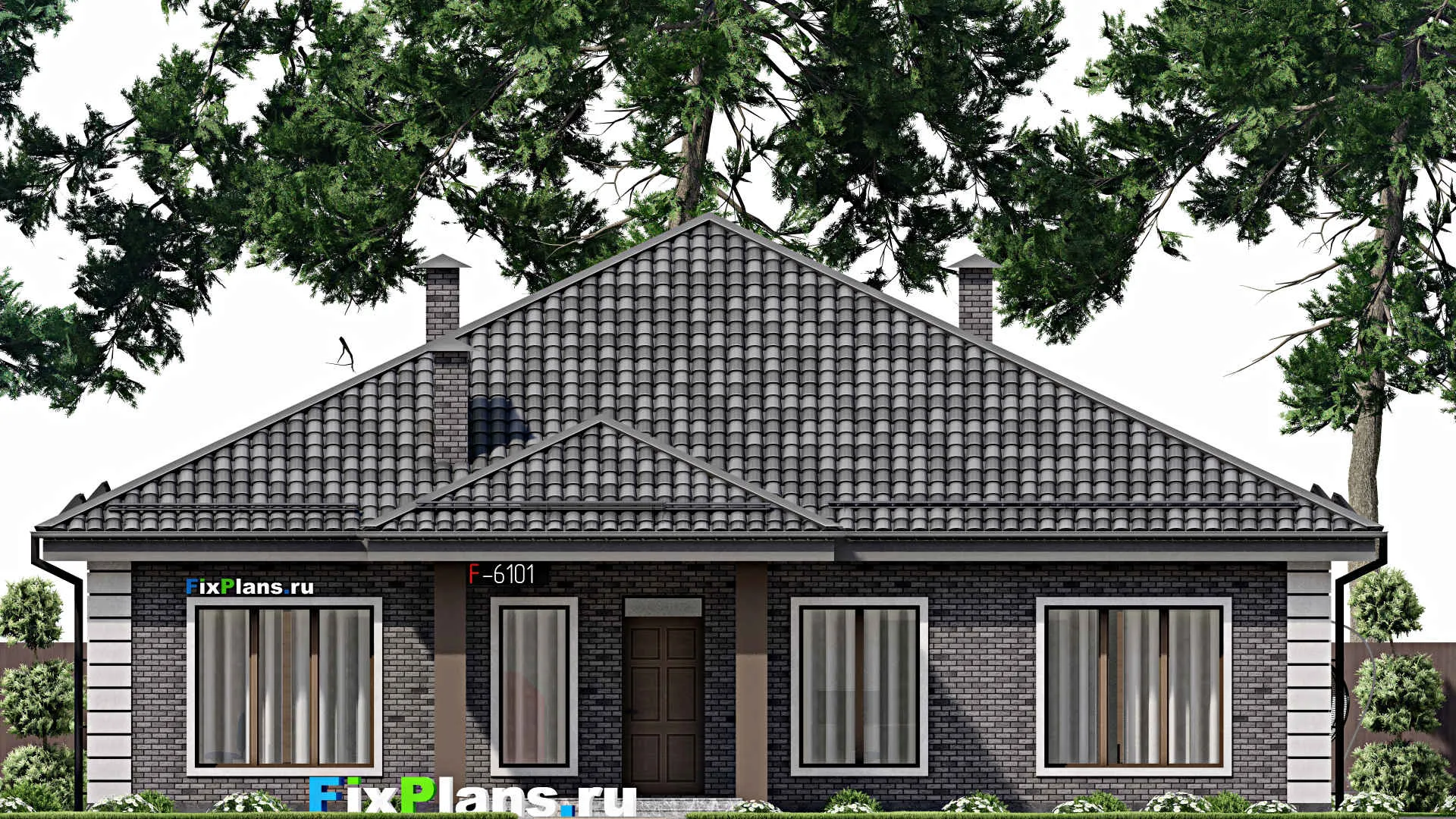 F-6101 - Проект одноэтажного дома 15 на 18, площадью 210 м² с террасой и 4 спальнями