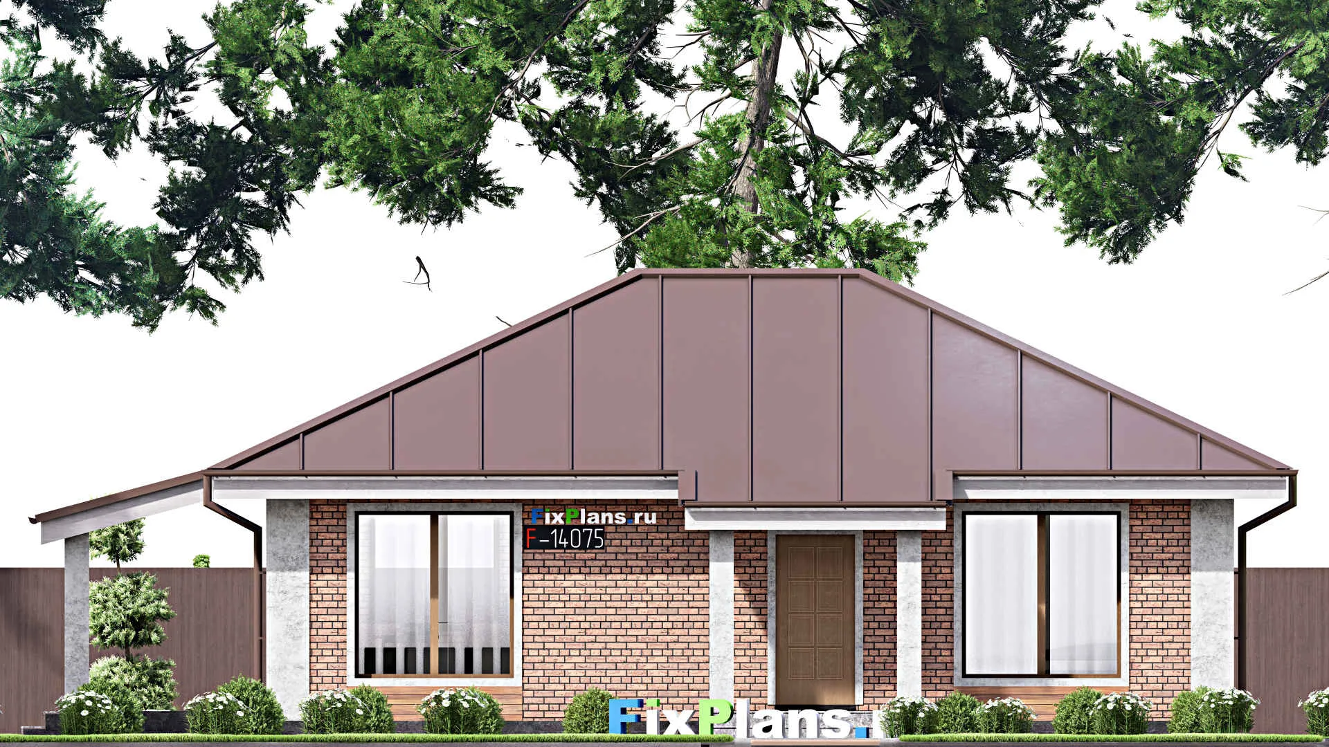 F-14075 - Проект одноэтажного дома 11 на 15, площадью 100 м² с террасой и 2 спальнями