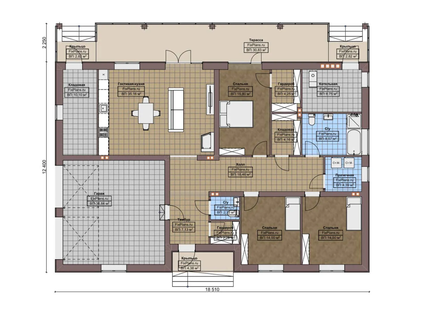 F-5984 - План одноэтажного дома 13 на 19, площадью 230 м² с террасой, гаражом на 2 машины и 3 спальнями