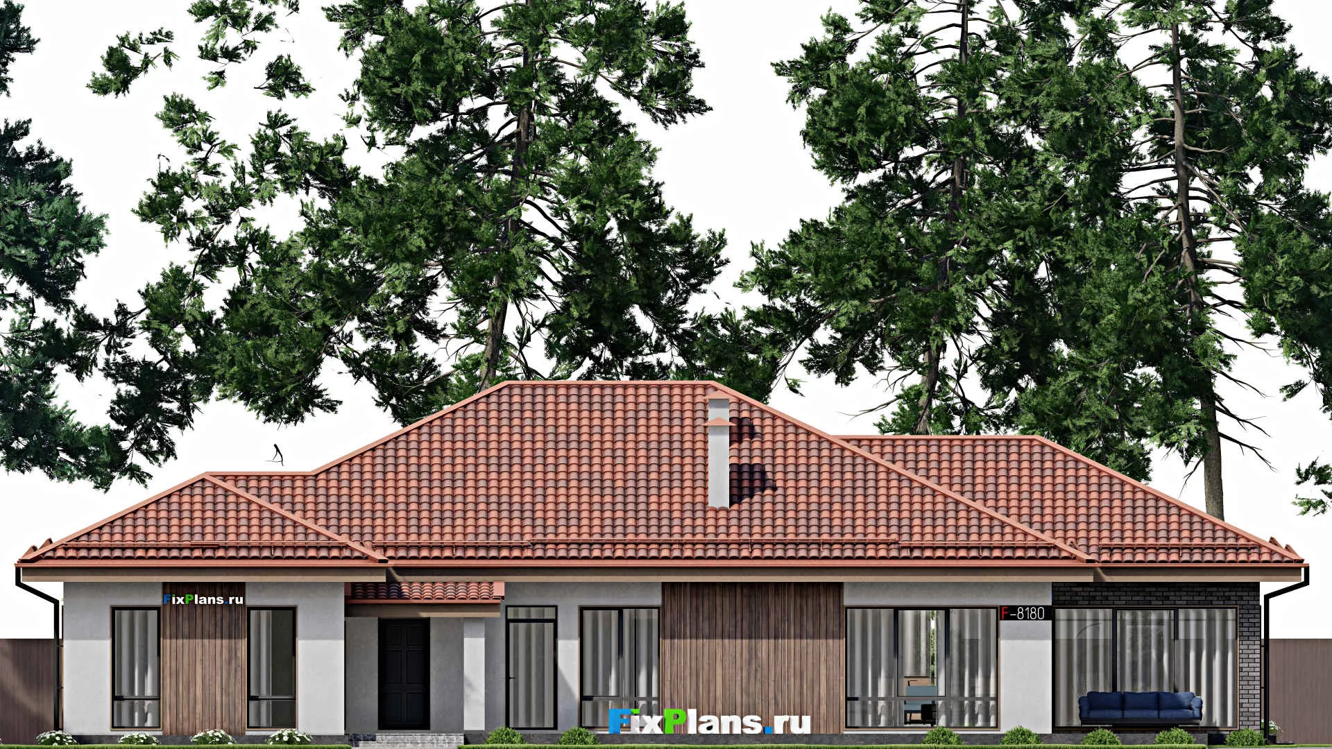 F-8180 - Проект одноэтажного дома 19 на 20, площадью 300 м² с террасой и 4 спальнями