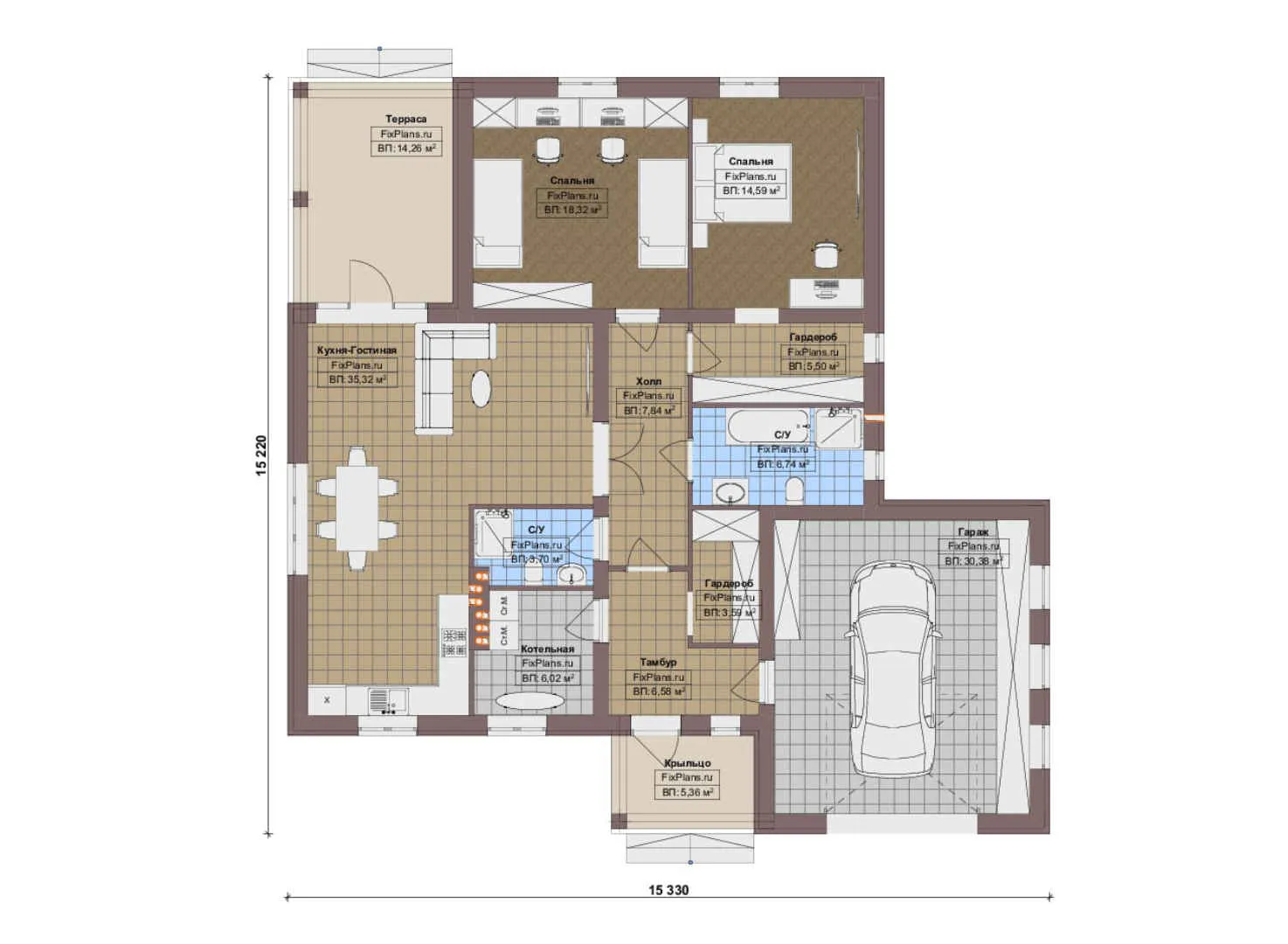 F-20492 - План одноэтажного дома 16 на 16, площадью 160 м² с террасой, гаражом на 1 машину и 2 спальнями