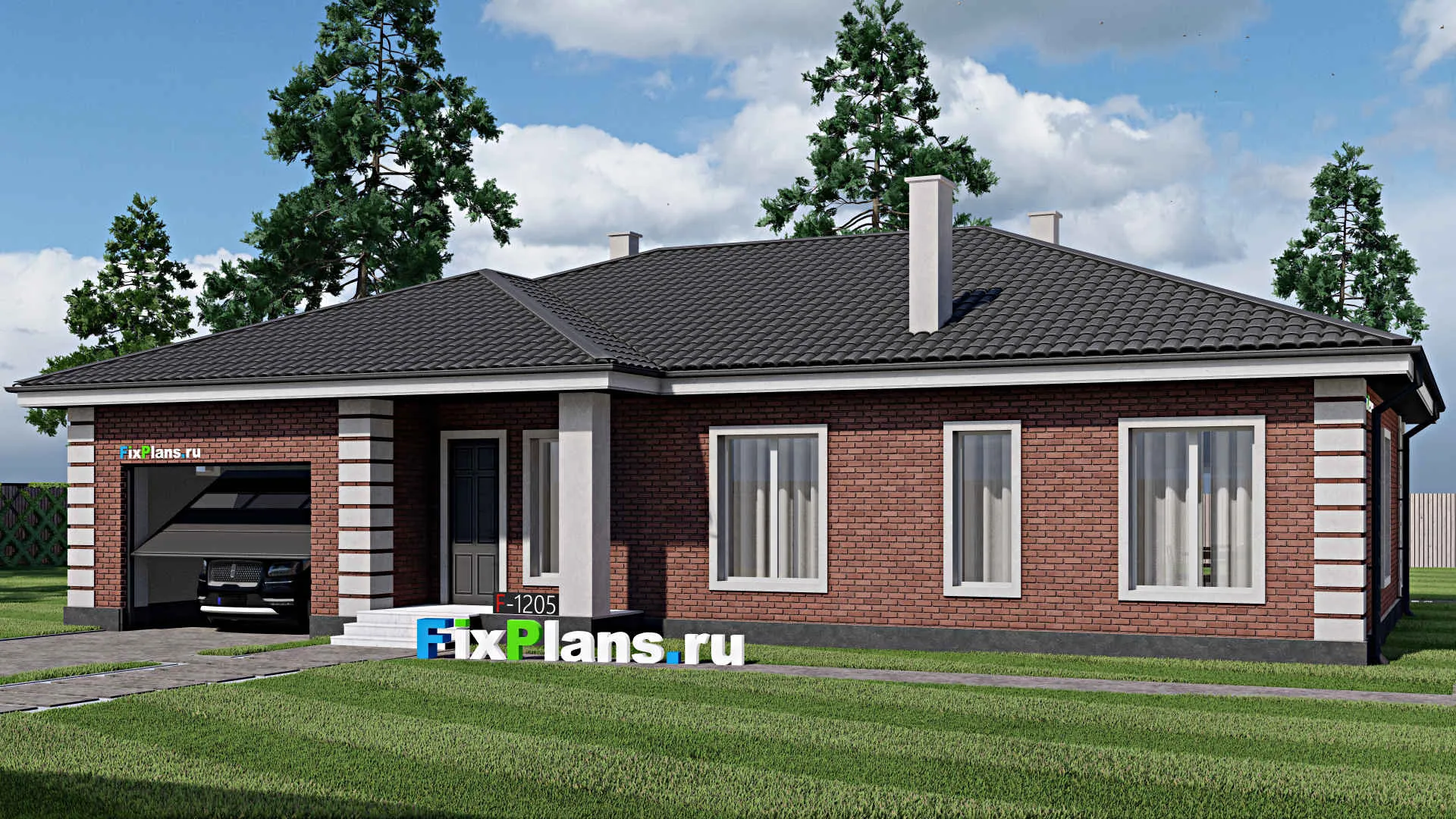 F-1205 - Проект одноэтажного дома 17 на 19, площадью 200 м² с террасой, баней, гаражом на 1 машину и 3 спальнями