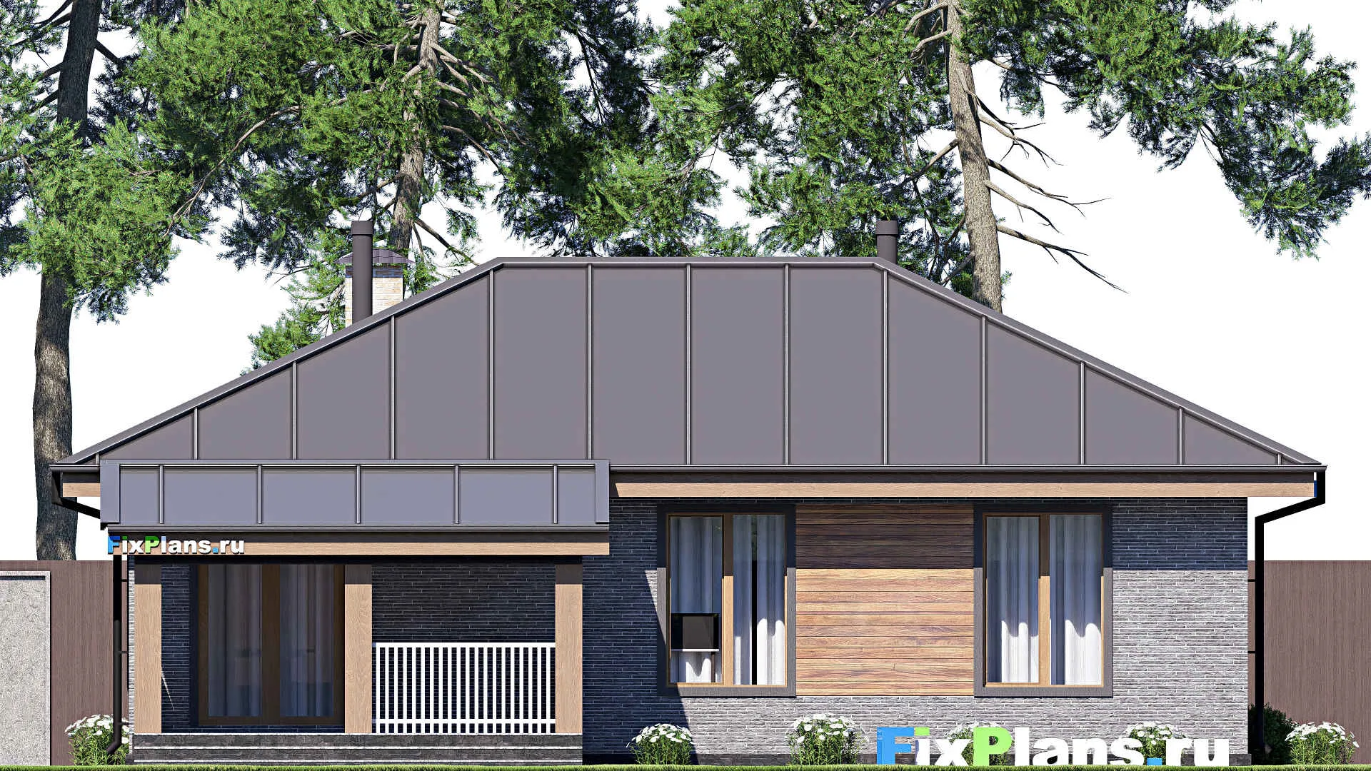 F-18566 - Проект одноэтажного дома 13 на 13, площадью 100 м² с террасой и 3 спальнями