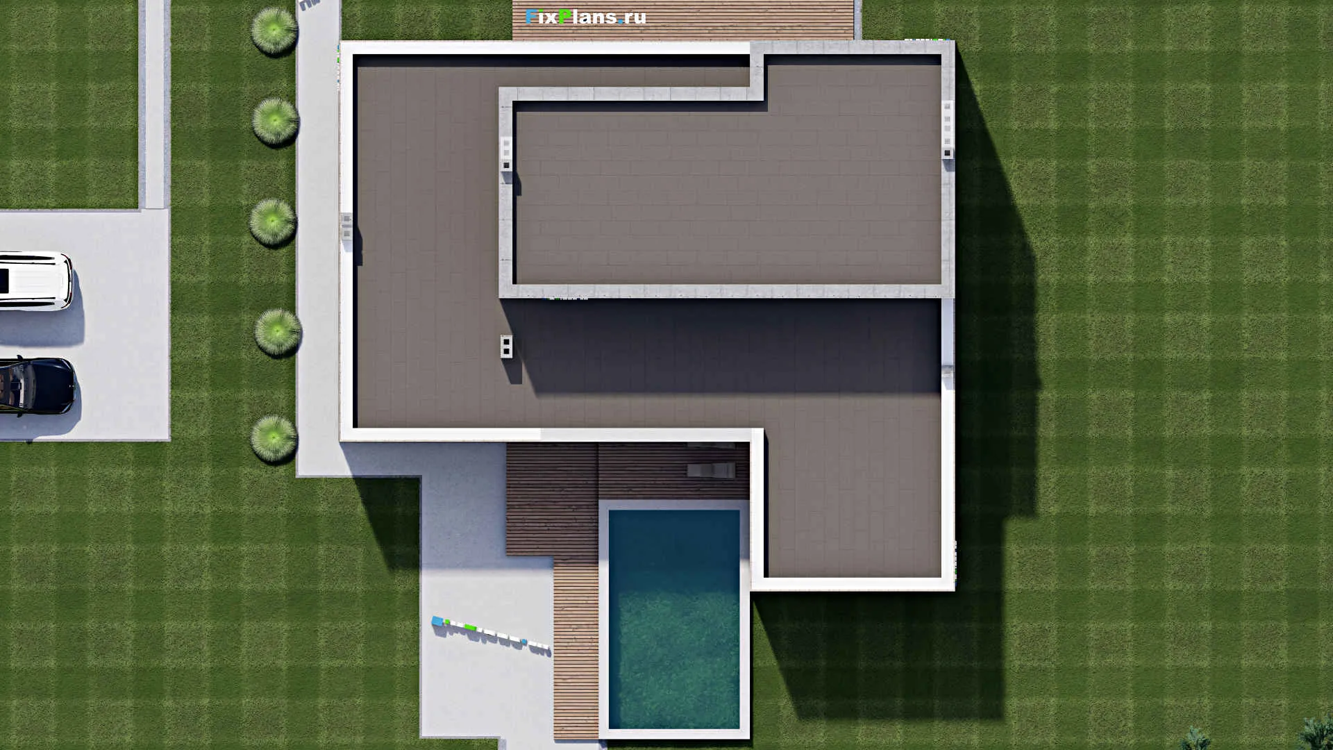 F-0359 - Проект двухэтажного дома 19 на 21, площадью 550 м² с террасой, балконом, баней, бассейном, спортзалом и 4 спальнями