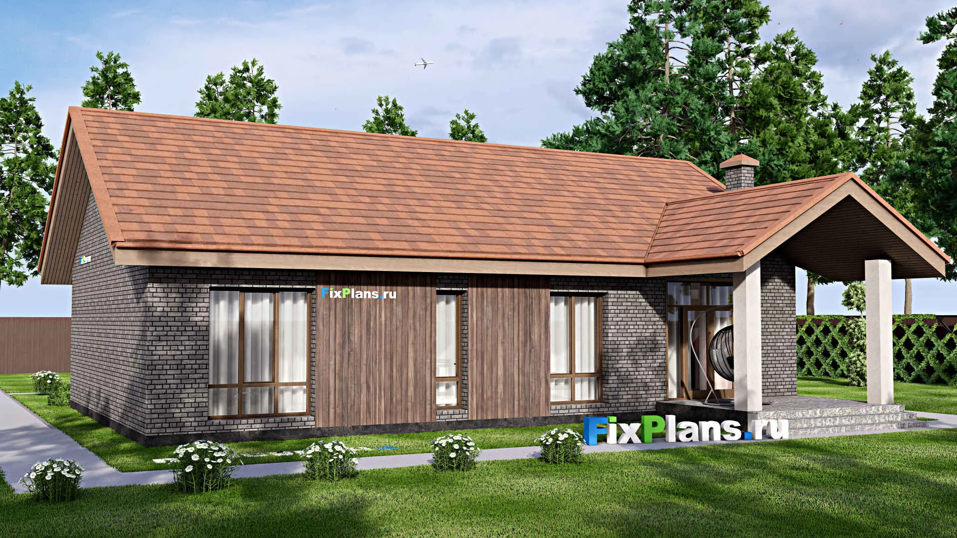 F-14390 - План одноэтажного дома 14 на 16, площадью 130 м² с террасой и 3 спальнями