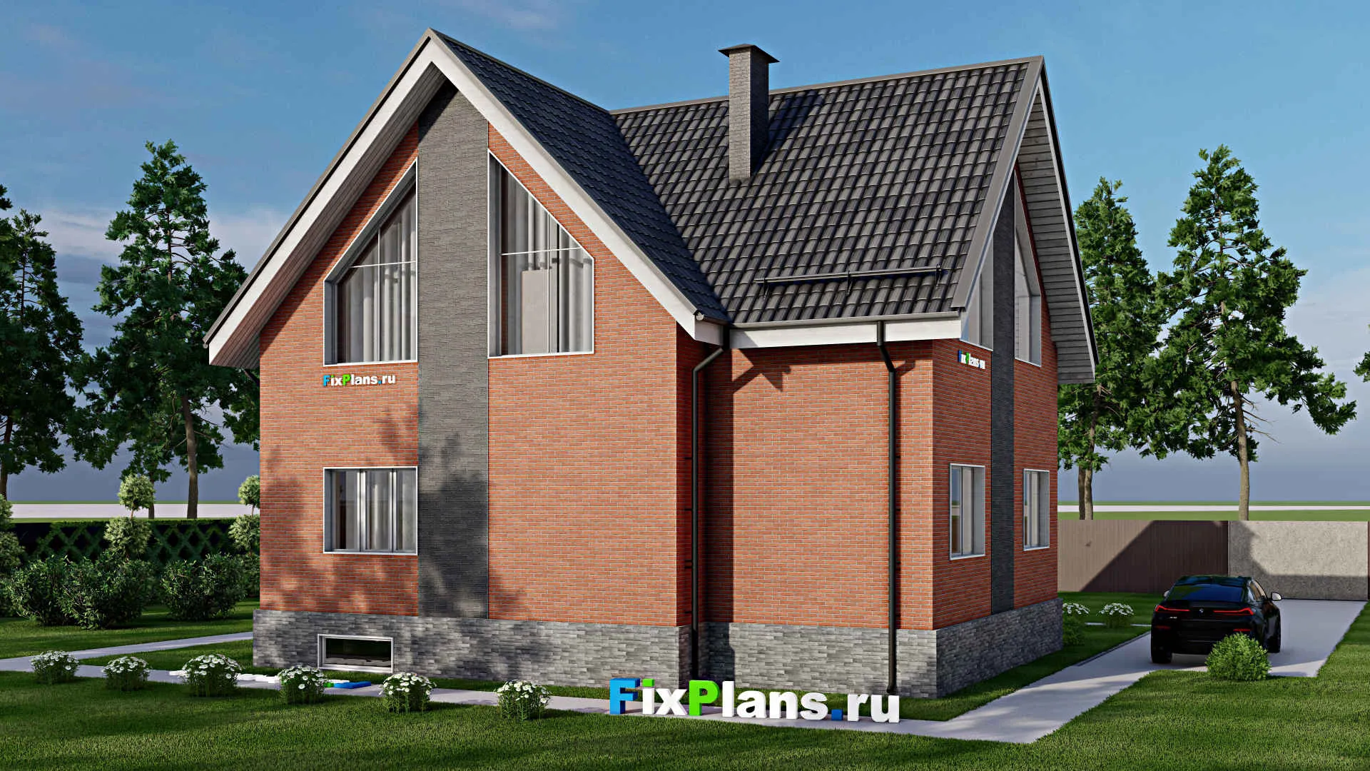 F-5840 - Проект дома с мансардой 11 на 13, площадью 270 м² с террасой, балконом, цокольным этажом и 6 спальнями