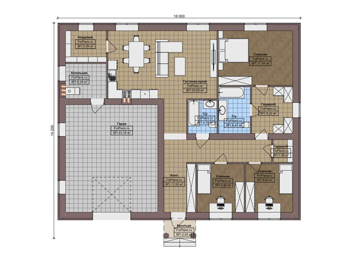 F-10691 - План одноэтажного дома 10 на 14, площадью 170 м² с гаражом на 2 машины и 3 спальнями