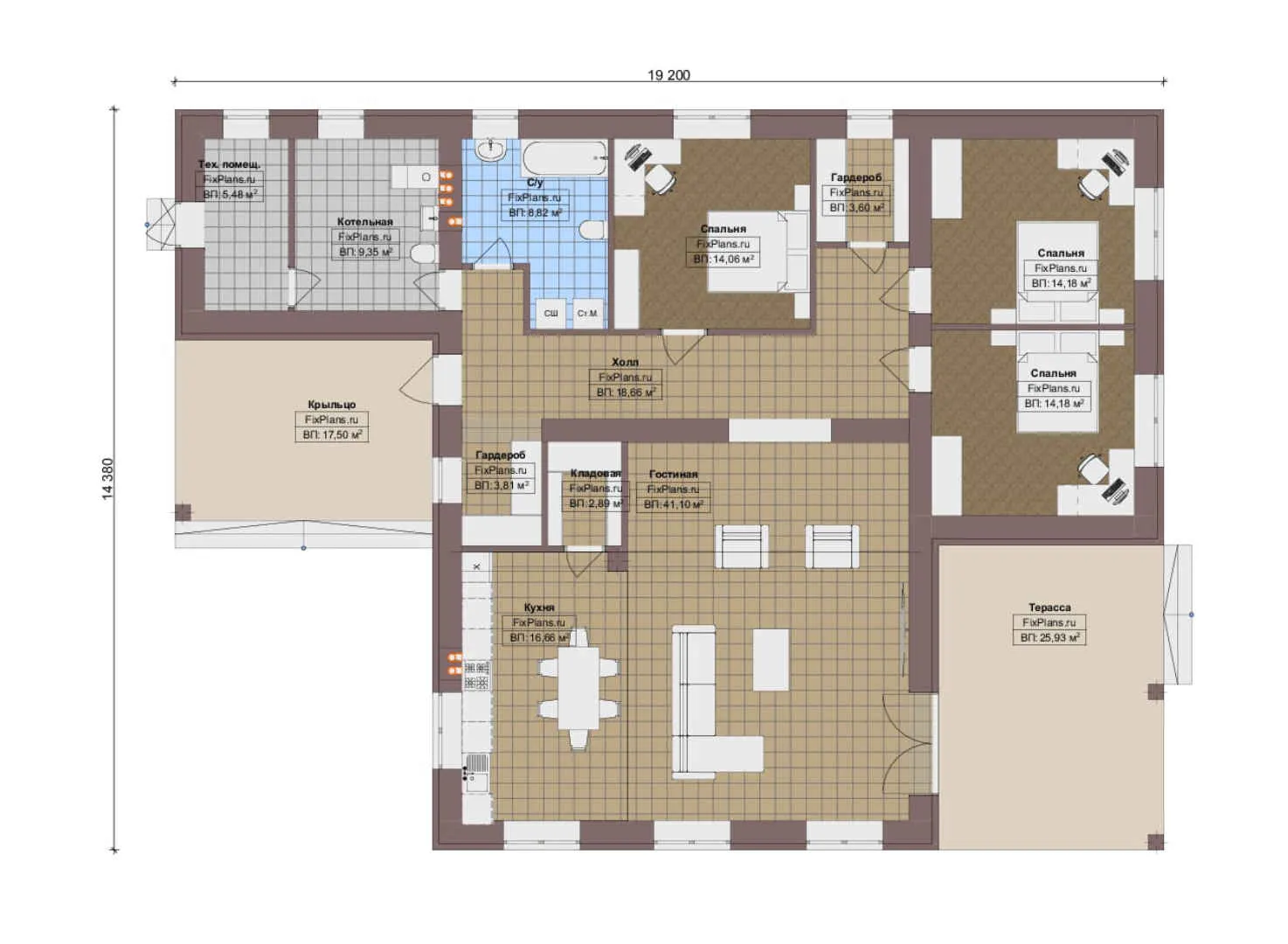 F-16973 - План одноэтажного дома 15 на 20, площадью 200 м² с террасой и 3 спальнями