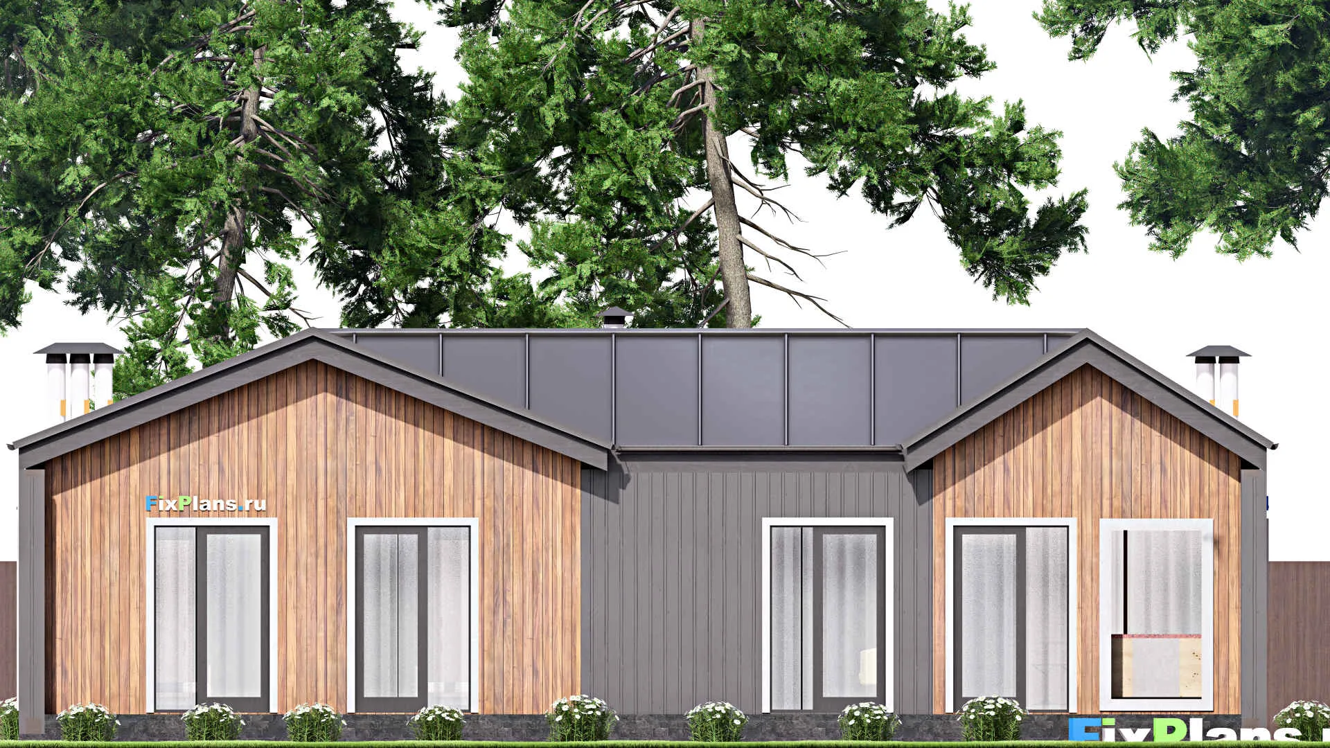 F-12752 - Проект одноэтажного дома 16 на 16, площадью 190 м² с террасой, баней и 3 спальнями