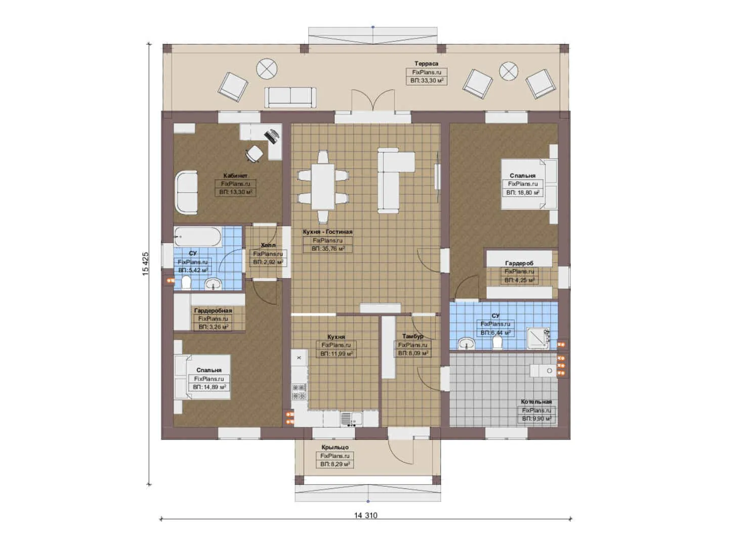 F-19322 - План одноэтажного дома 15 на 16, площадью 180 м² с террасой и 2 спальнями