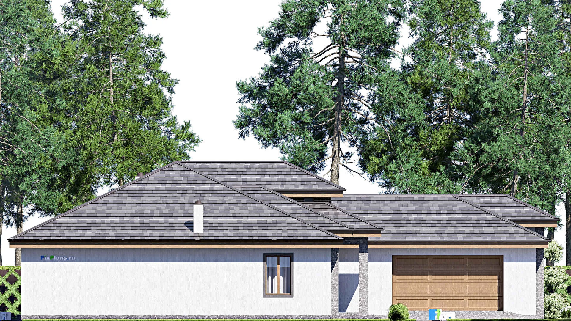 F-17297 - Проект одноэтажного дома 20 на 24, площадью 300 м² с террасой, гаражом на 2 машины и 4 спальнями