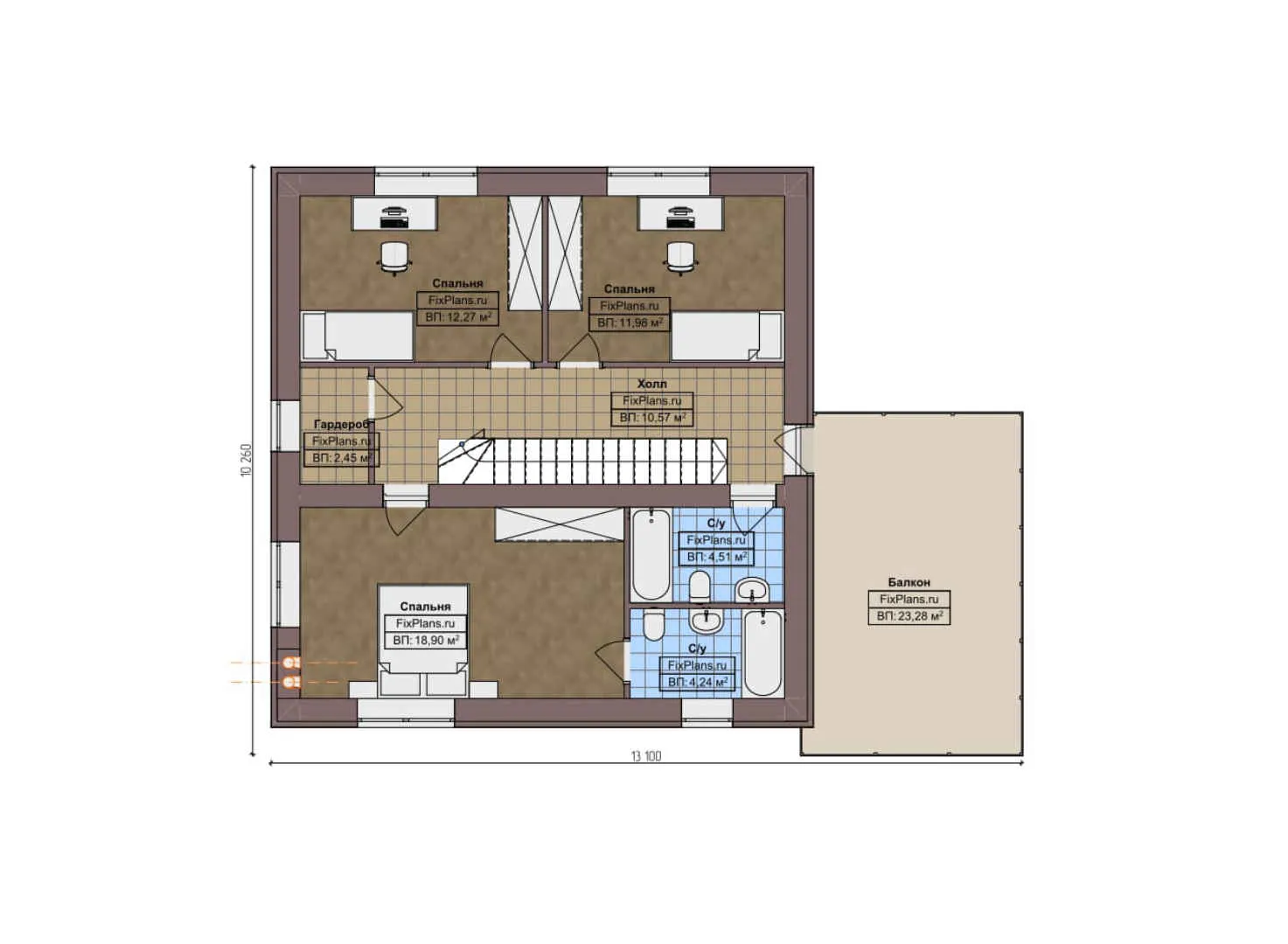 F-8153 - Планы двухэтажного дома 14 на 14, площадью 240 м² с террасой, балконом, гаражом на 1 машину и 3 спальнями