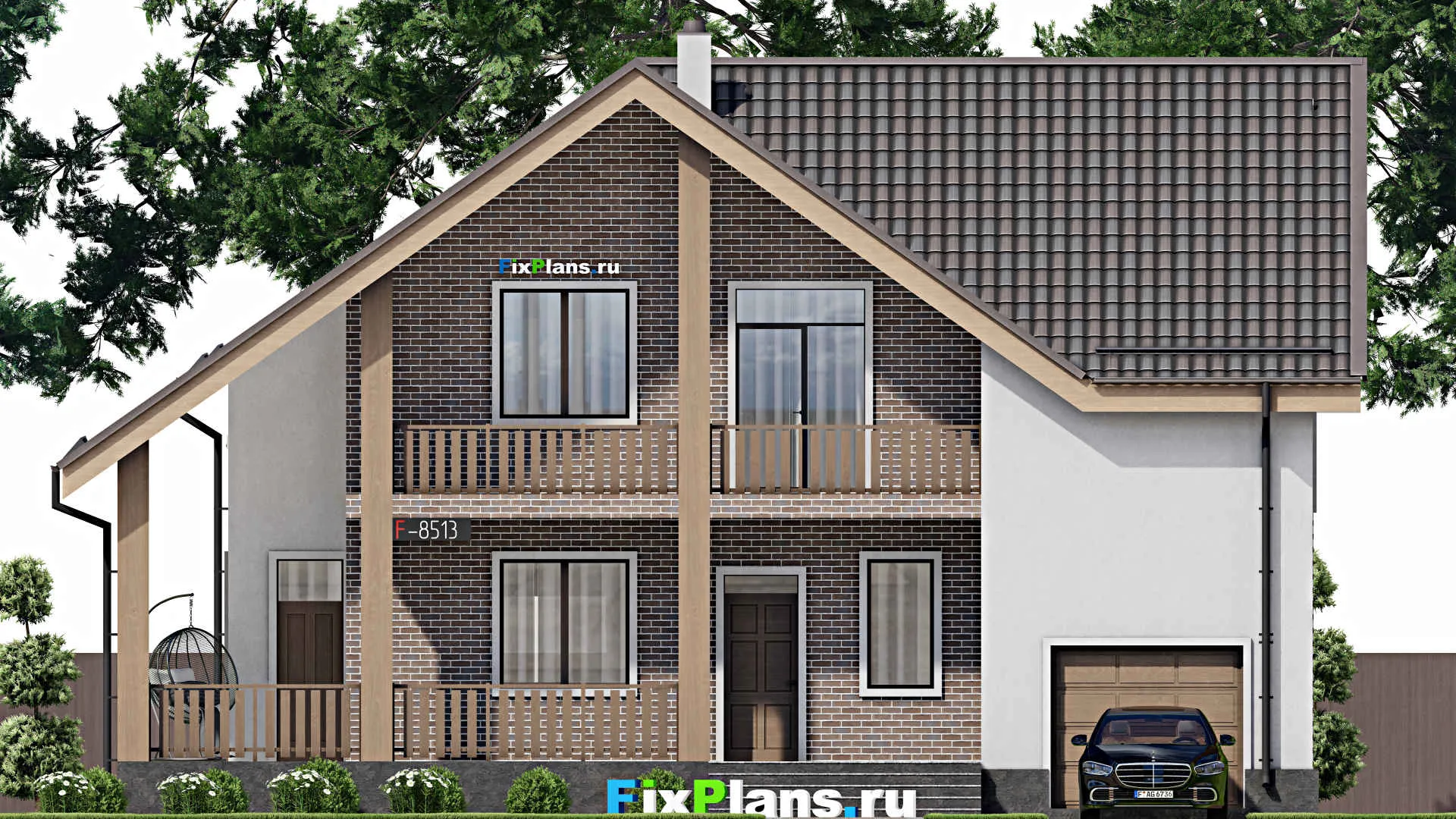 F-8513 - Проект дома с мансардой 13 на 16, площадью 250 м² с террасой, балконом, гаражом на 1 машину и 6 спальнями