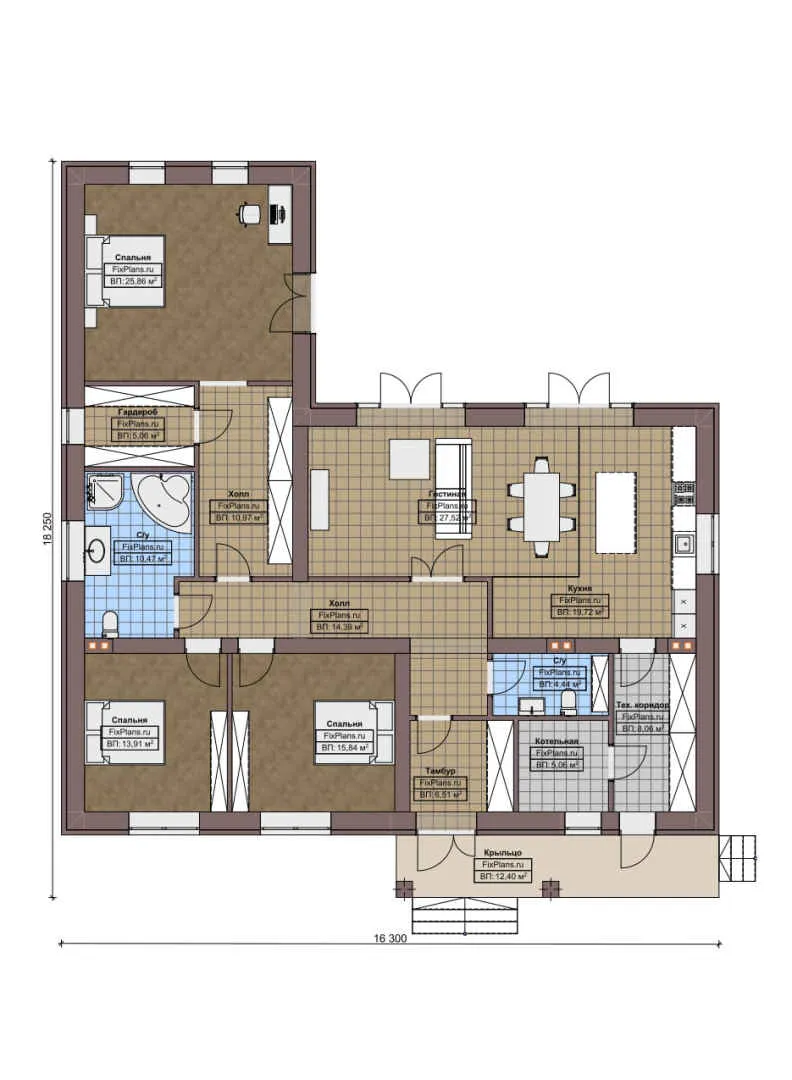 F-6866 - План одноэтажного дома 17 на 19, площадью 180 м² с 3 спальнями