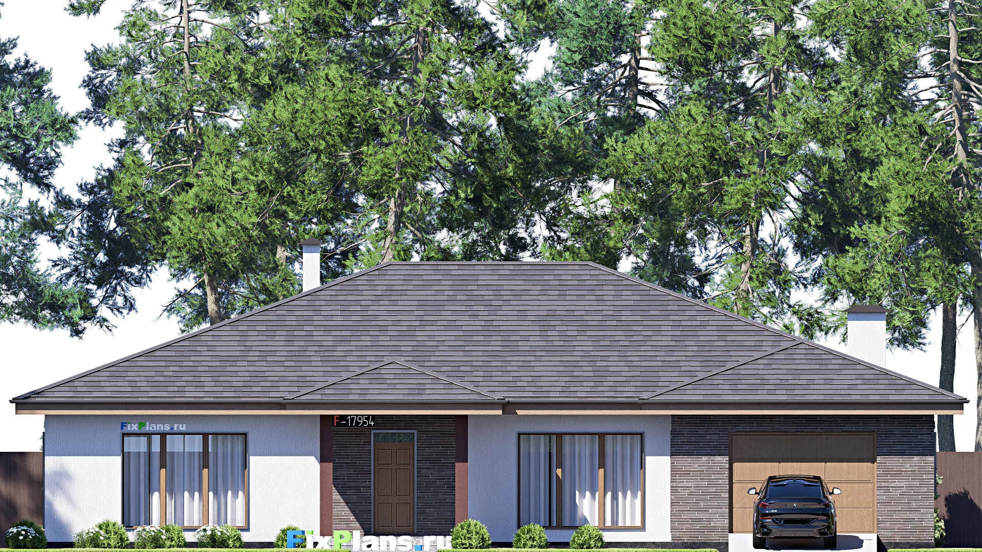 F-17954 - Проект одноэтажного дома 20 на 21, площадью 320 м² с террасой, гаражом на 2 машины и 2 спальнями