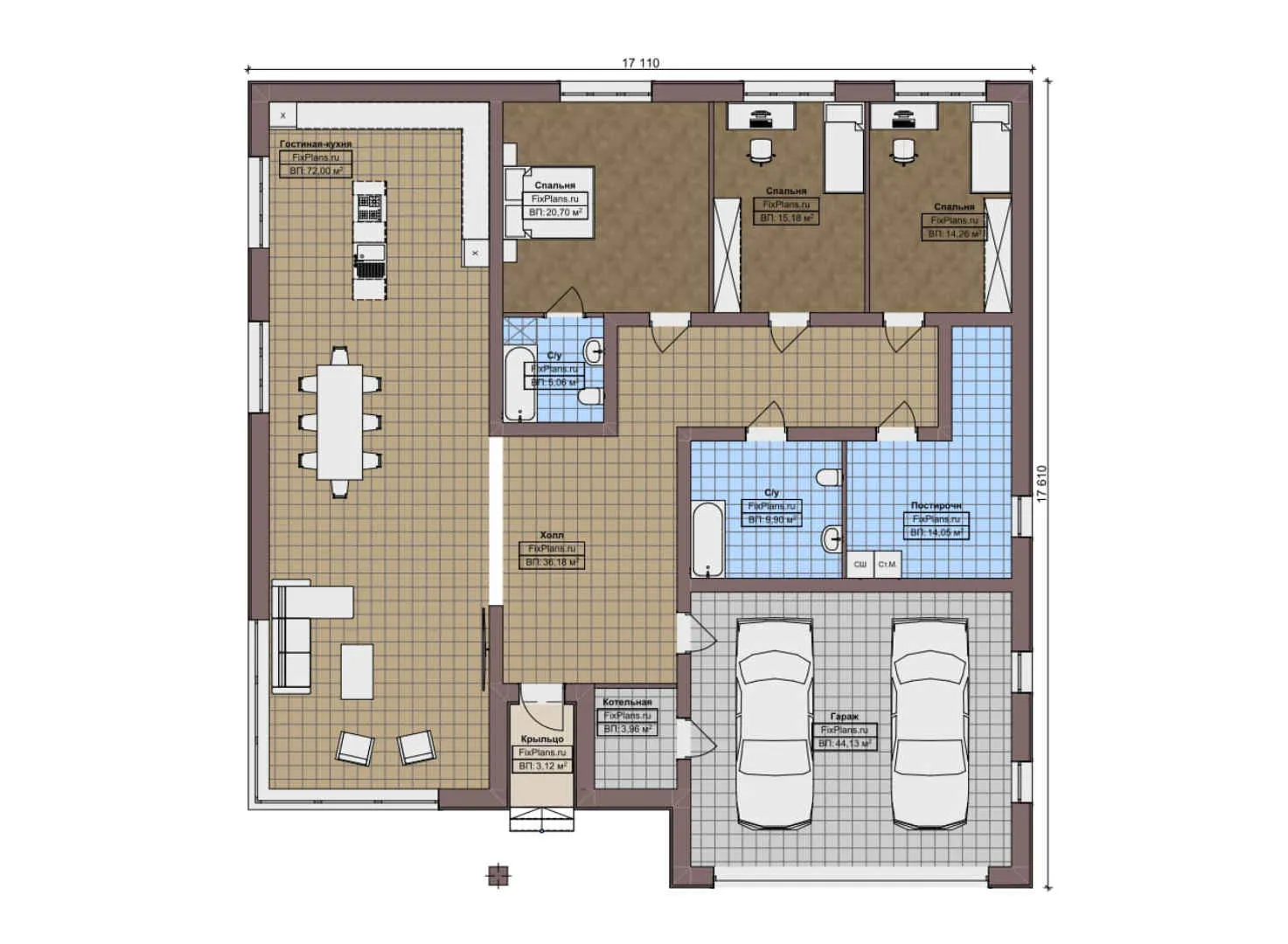 F-8936 - План одноэтажного дома 18 на 18, площадью 240 м² с гаражом на 2 машины и 3 спальнями