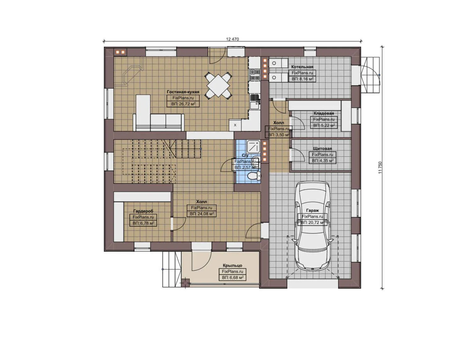 F-9773 - Планы двухэтажного дома 12 на 13, площадью 170 м² с гаражом на 1 машину и 2 спальнями